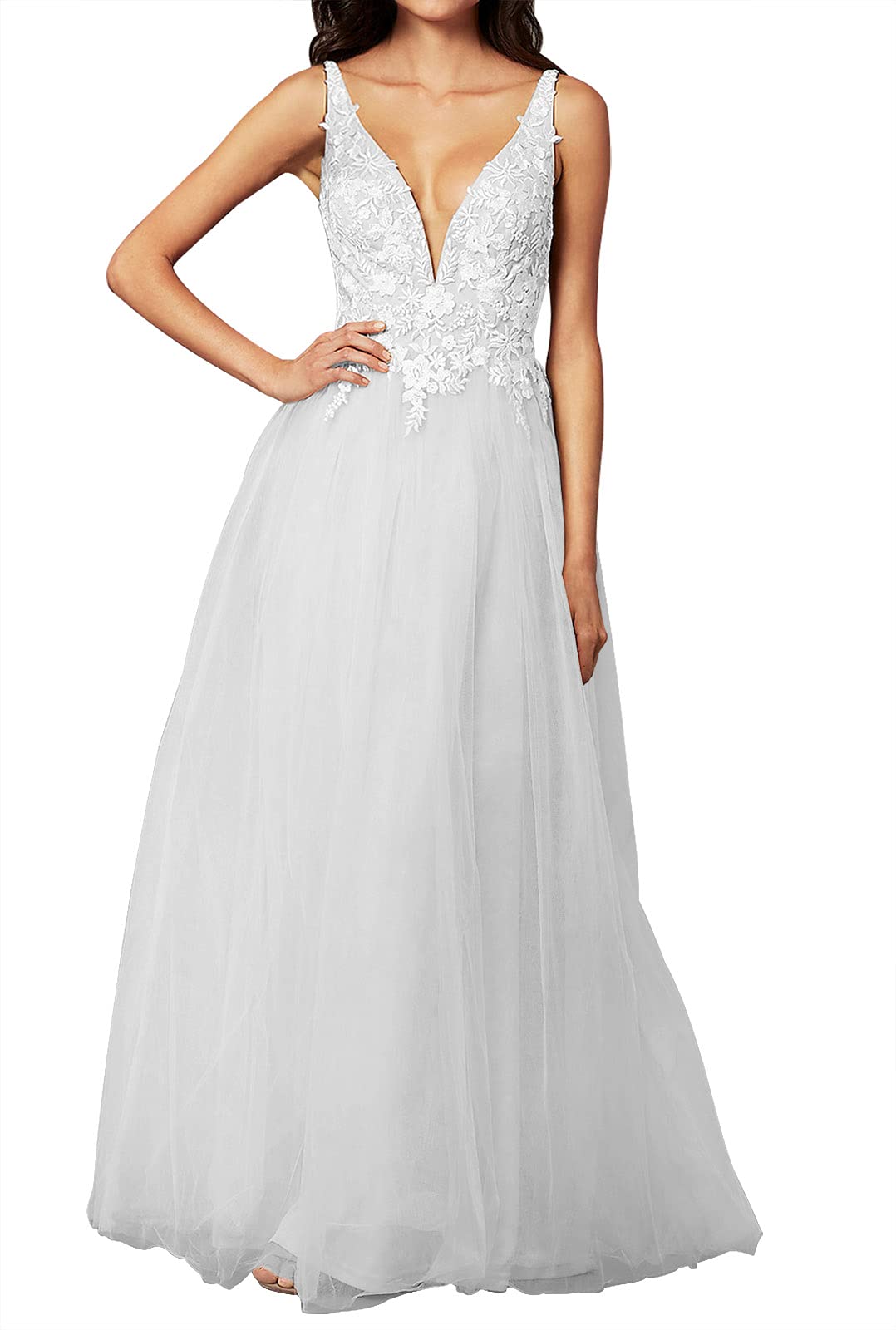 Elegant Lace V-Neck Tulle Wedding Dress for Bride – Perfect for Church, Beach, and Formal Ceremonies