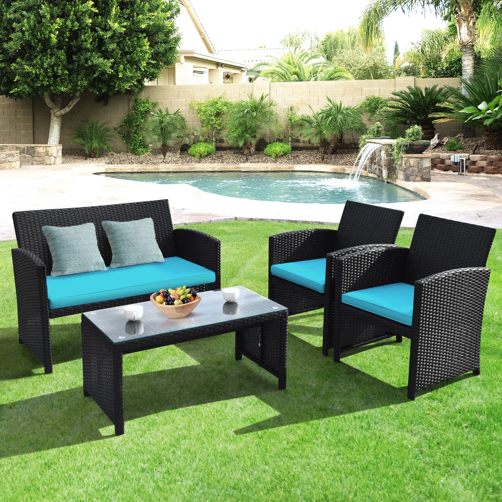 Goplus 4-Piece Rattan Patio Furniture Set - Outdoor Wicker Sofa & Coffee Table with Soft Cushions & Tempered Glass - Turquoise Conversation Set for Balcony, Garden, Backyard, Poolside & Outdoor Entertaining