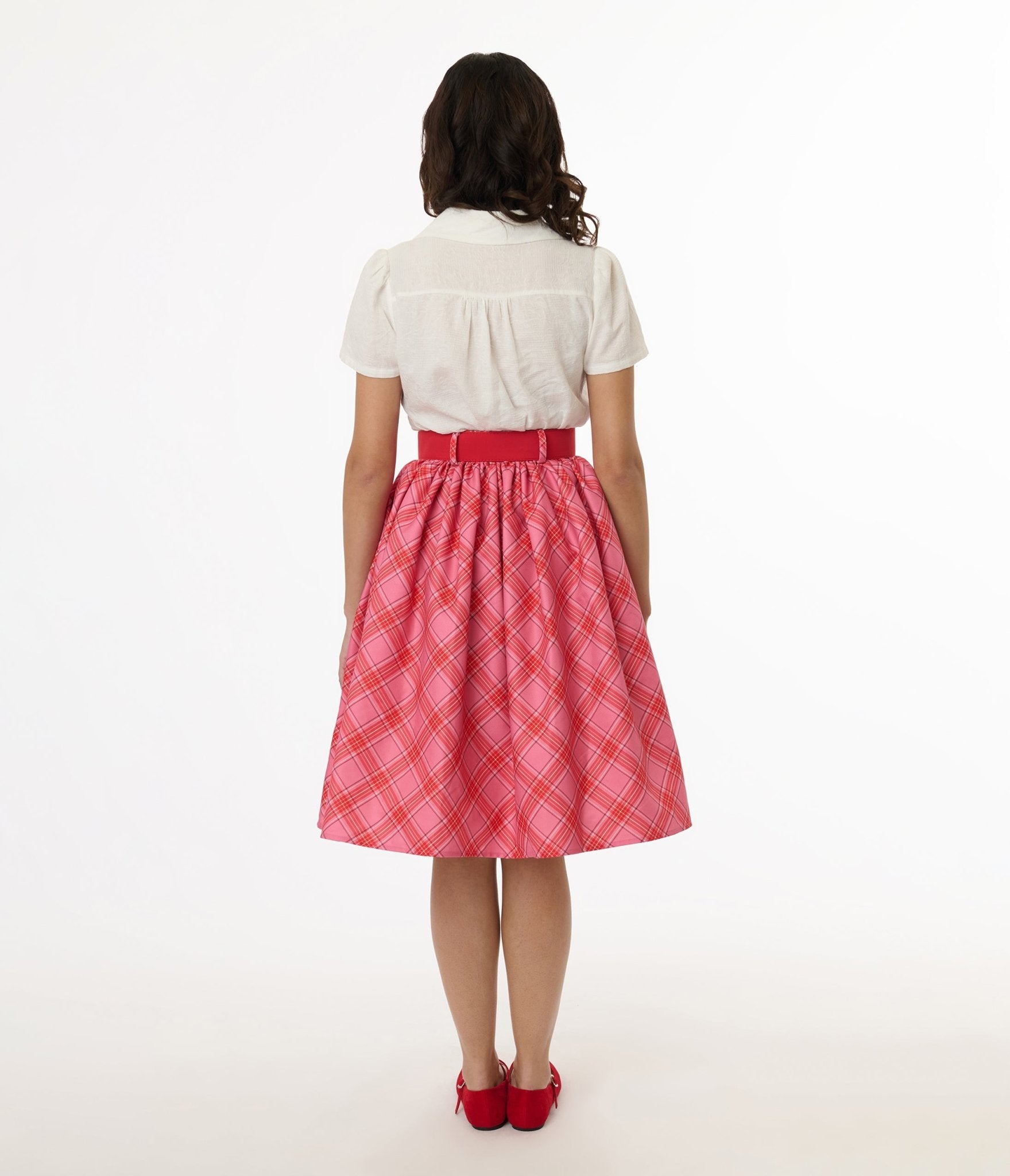 Vintage 1950s Pink & Red Plaid Swing Skirt with Belt - Retro 50s Rockabilly Style - Perfect for Pinup Fashion, Swing Dancing & Vintage-Themed Parties