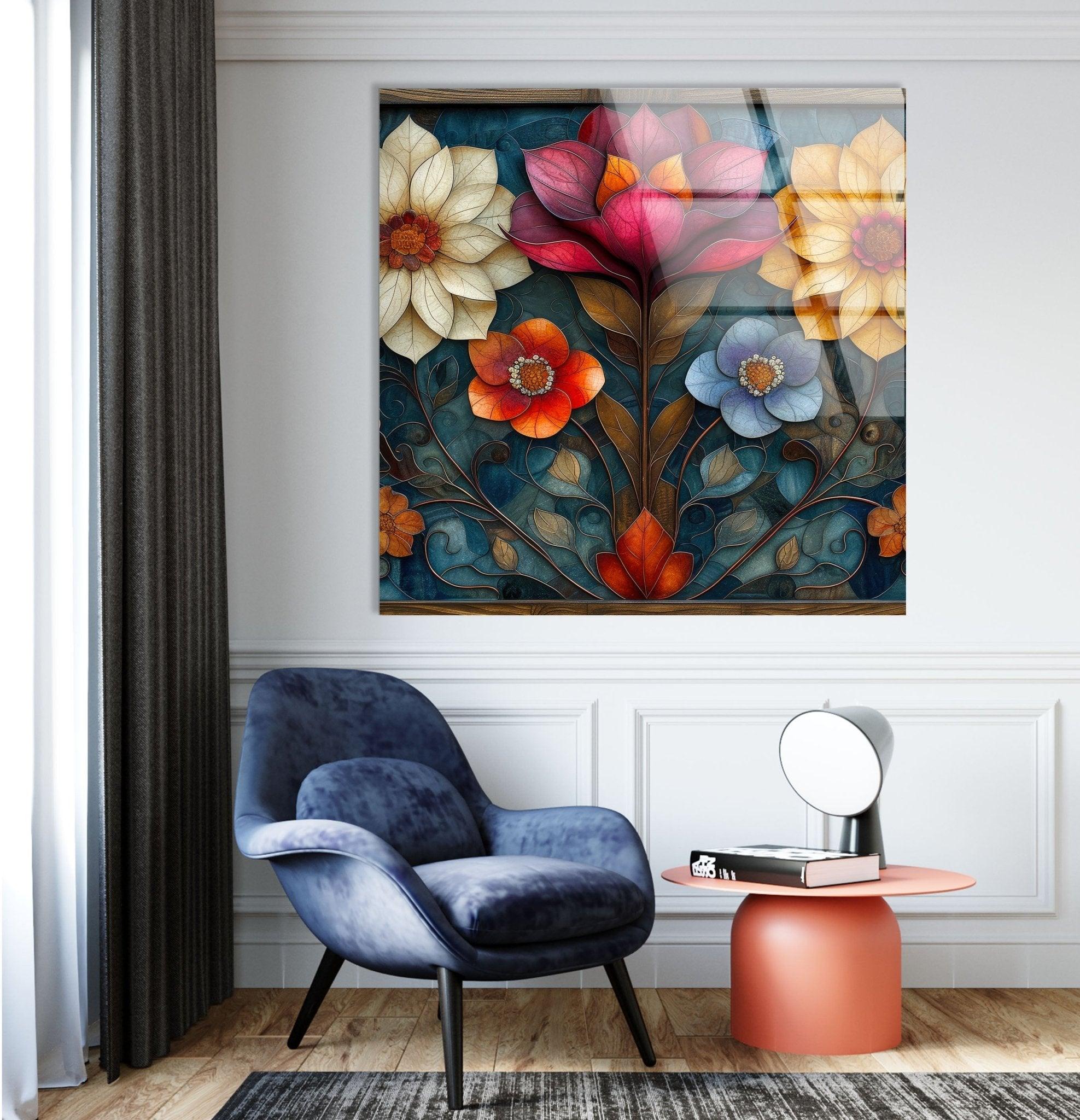 Art Nouveau Flowers Glass Wall Art - Handmade Stained Glass Decor for Home & Office - Perfect for Living Room, Bedroom, or Gift