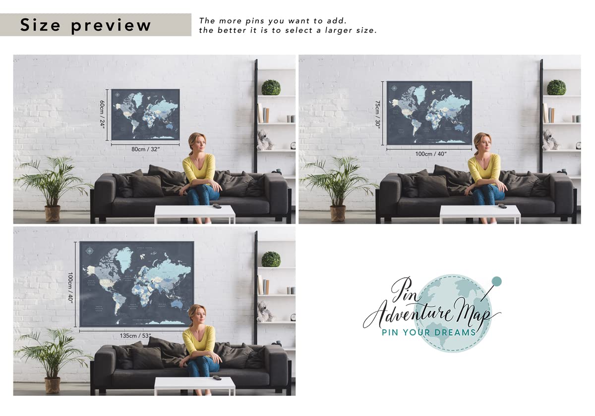 World Travel Map Push Pin on Canvas - Detailed Travel Destinations Map Wall Art - 40x30 Inches - Perfect for Home Office Decor & Travel Enthusiasts