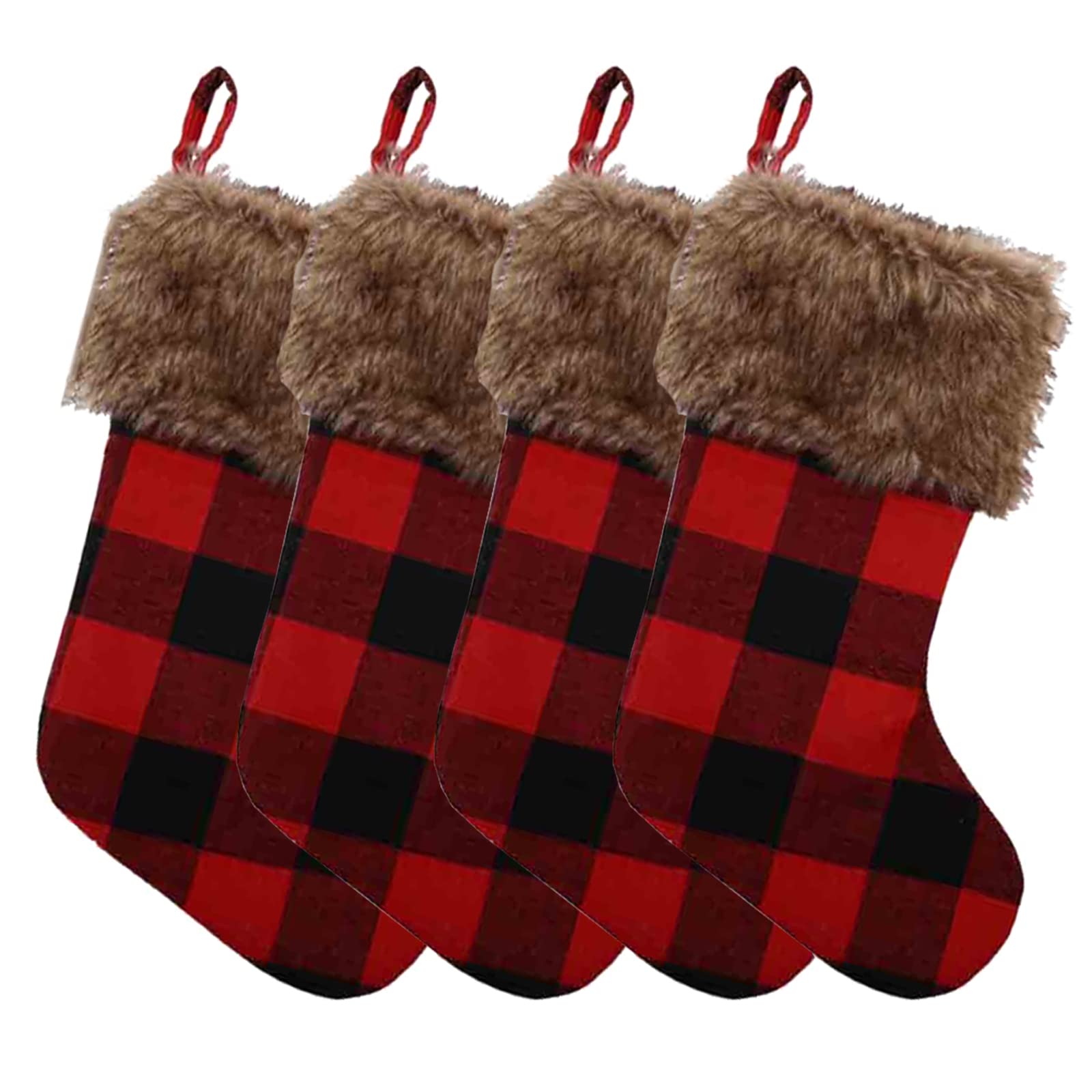 Juoyyo 4Pcs Black Red Buffalo Plaid Christmas Stockings - Large Fireplace Hanging Stockings with Plush Faux Fur Cuff for Xmas Decor, Holiday Party, Family Gift Exchange & Festive Home Decoration