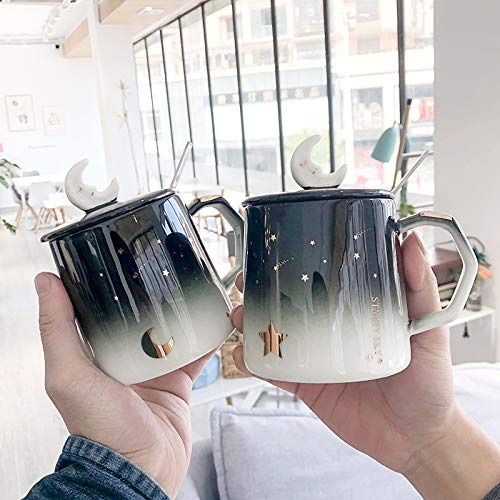 Moon and Star Ceramic Coffee Mug with Spoon Lid - 400ml Tea, Milk Cup for Office & Home - Perfect Gift for Coffee Lovers & Night Sky Enthusiasts - Ideal for Morning Brews, Cozy Evenings & Unique Gifting