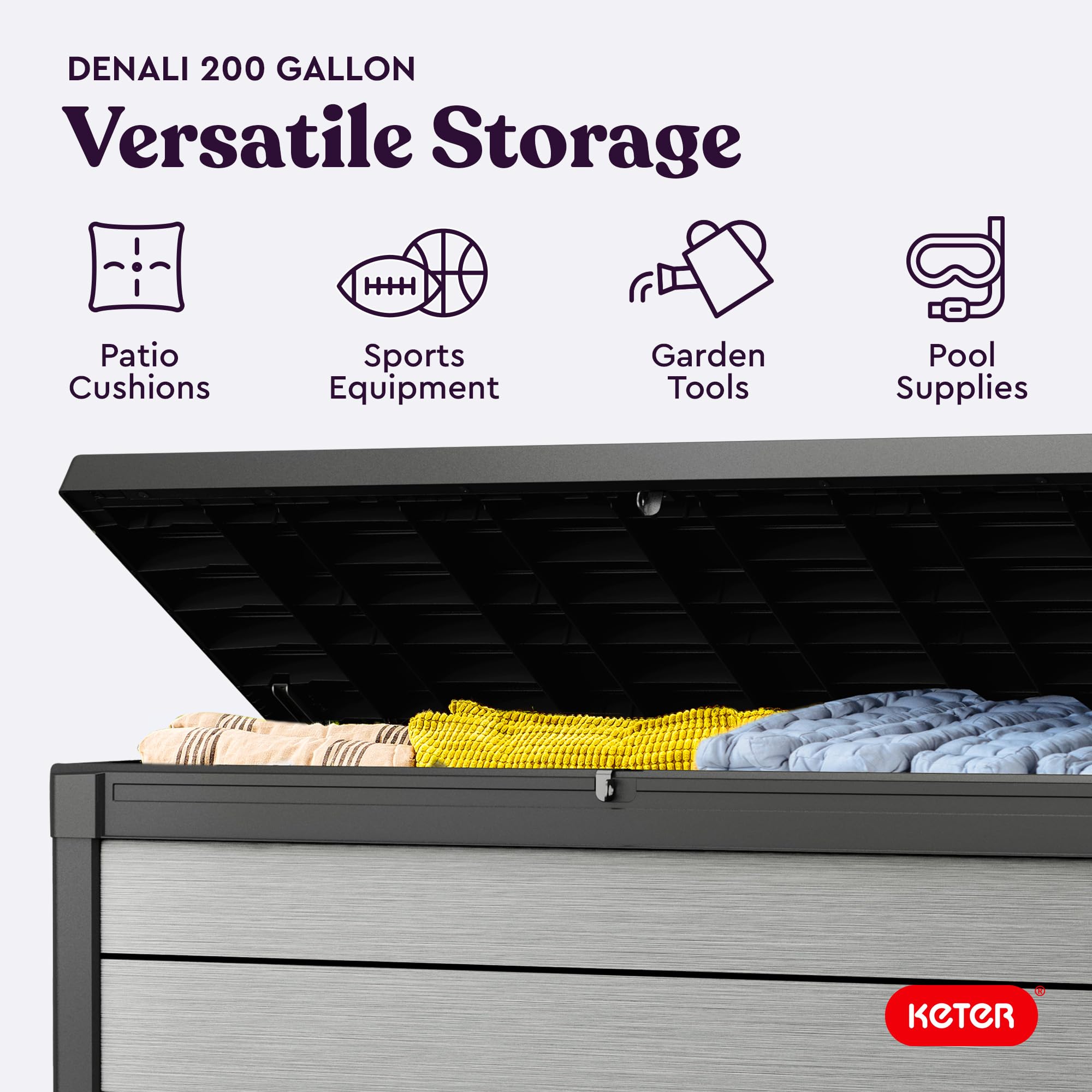Keter Denali 200 Gallon Resin Deck Box with Double Wall 20mm Panels - Paintable & Drillable Outdoor Storage for Patio Furniture, Cushions, Pool Toys & Garden Tools - Grey & Black Weatherproof Organizer
