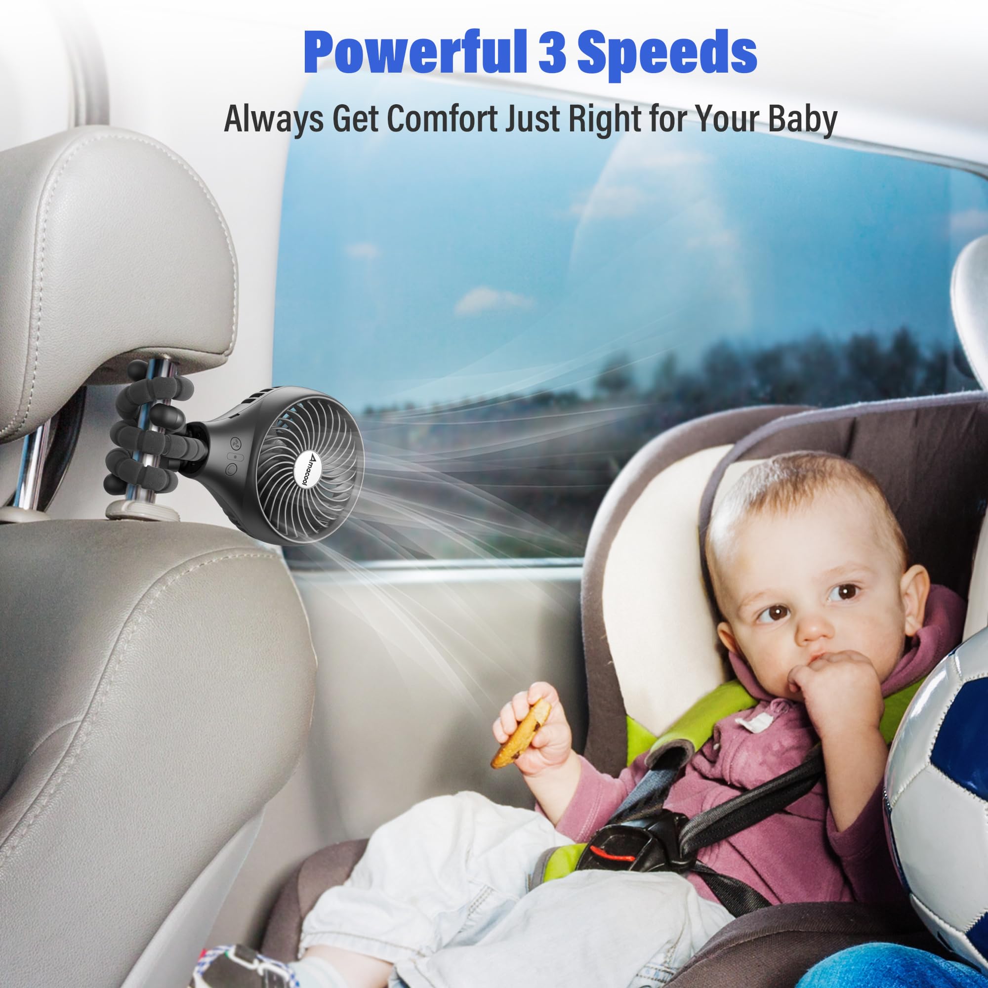 Portable Baby Stroller Fan with Auto Oscillation - 3-Speed Rechargeable Battery Operated Fan, Flexible Tripod & Clip On Design for Car Seat, Crib, Wagon, Bike, Treadmill - Perfect for Camping, Travel & Outdoor Activities