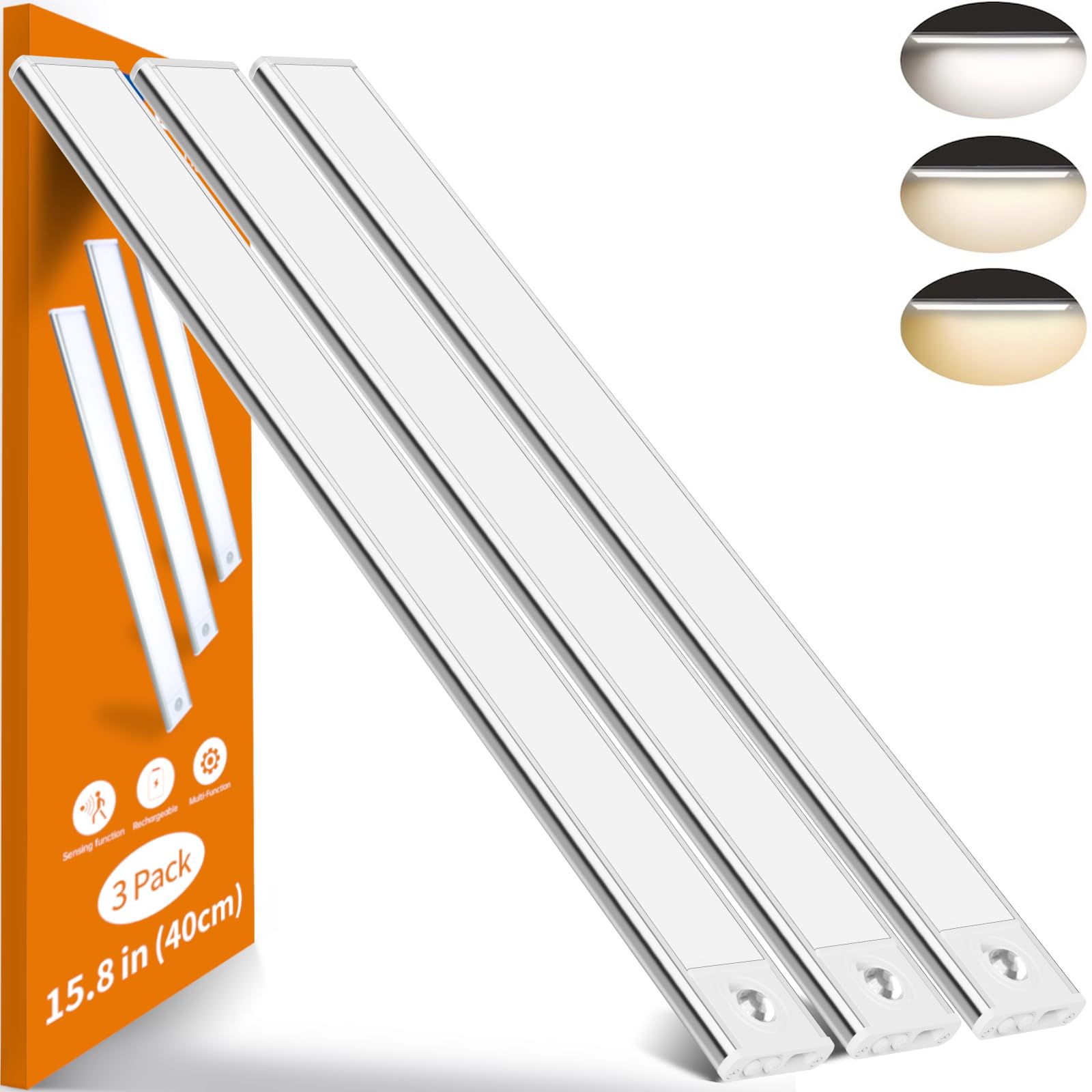 3Pack 40CM 74LED Aluminum Under Cabinet Lighting - Motion Sensor Closet LED Light Strips, Dimmable Wireless Rechargeable Battery Operated - 3 Color Changing Indoor LED Light Bars for Bedroom, Kitchen, Stairs, Wardrobe & Hallway Lighting