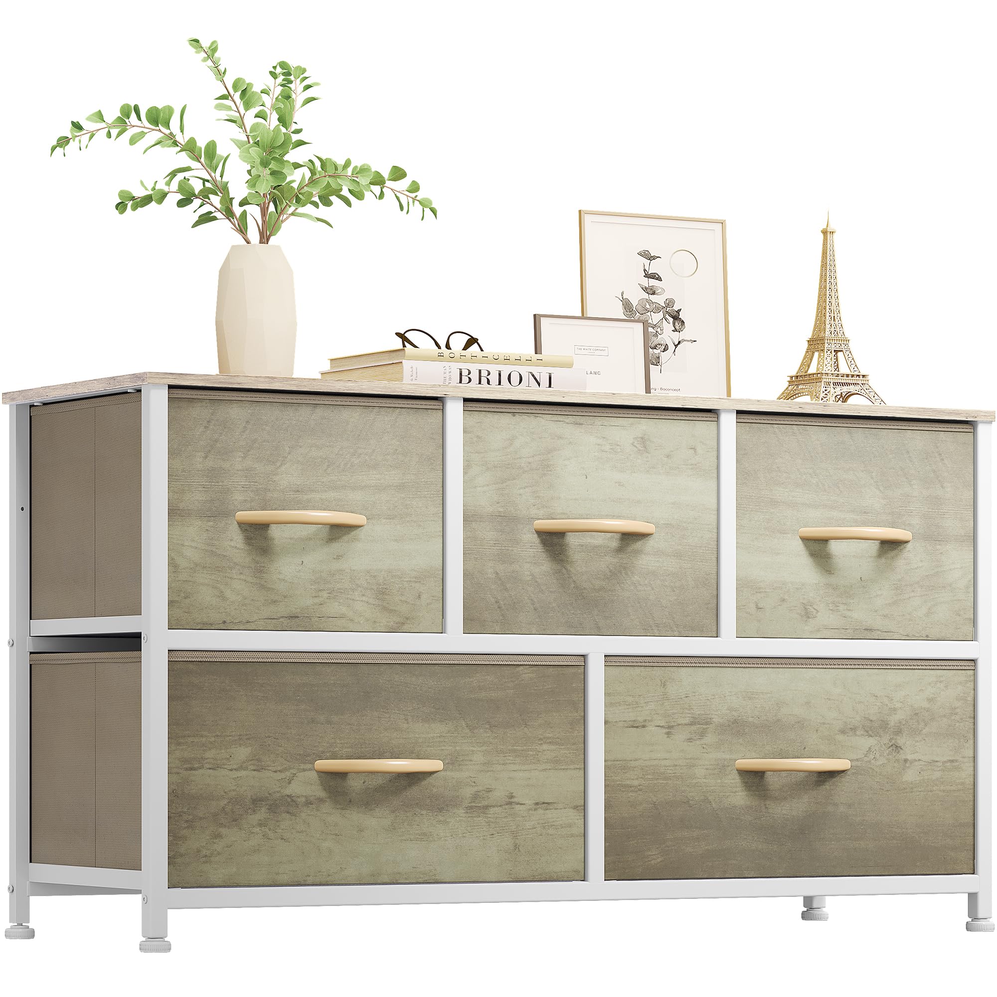 YITAHOME 5-Drawer Wide Chest Dresser - Oak Greige Fabric Storage Tower with Sturdy Steel Frame & Wooden Top - Perfect for Bedroom, Living Room, and Closet Organization