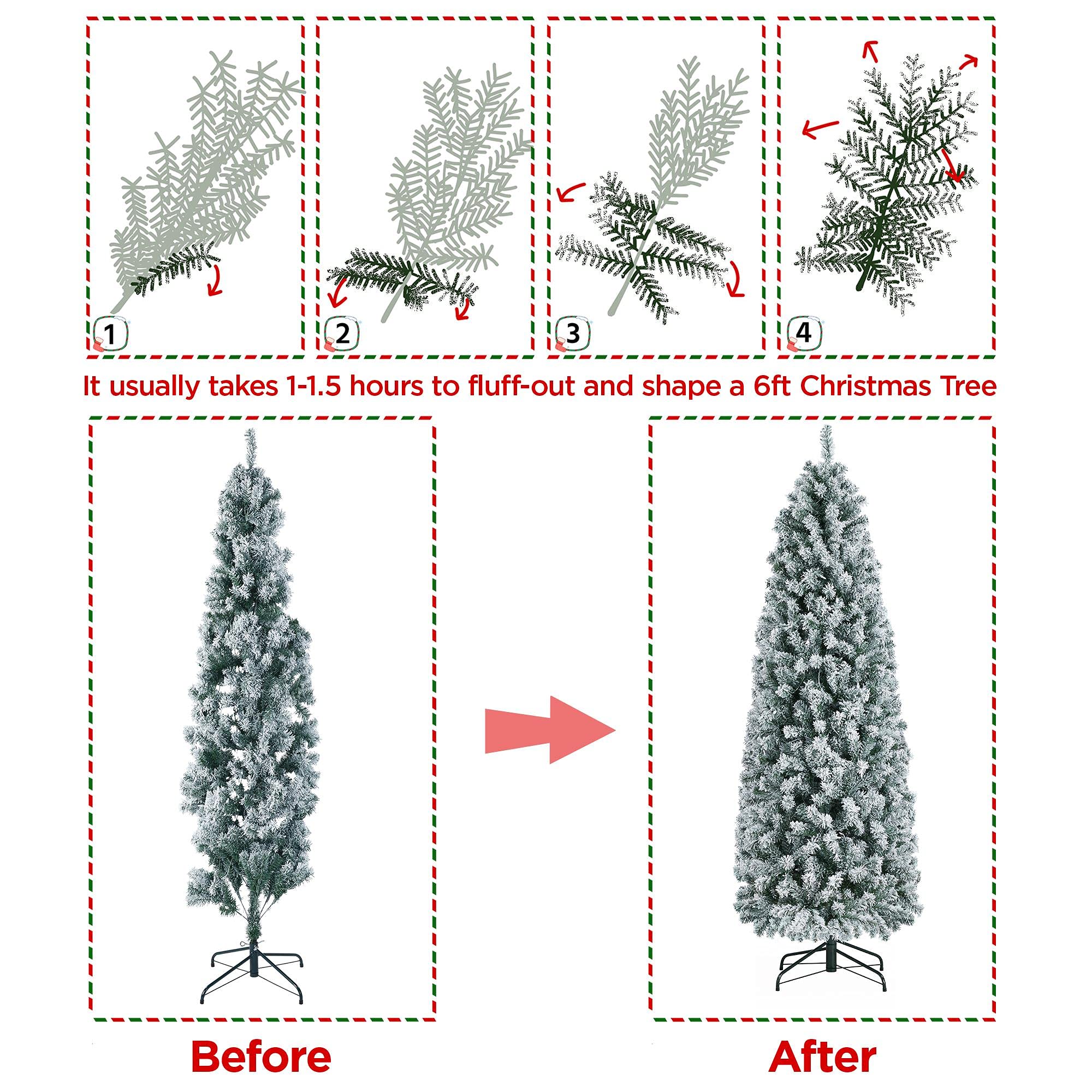 Yaheetech 6ft Pre-lit Snow Flocked Pencil Christmas Tree - Slim Hinged Artificial Fir with 250 Warm White Lights & 814 Snow Tips - Perfect for Small Spaces, Apartments, Office & Holiday Corner Decorations