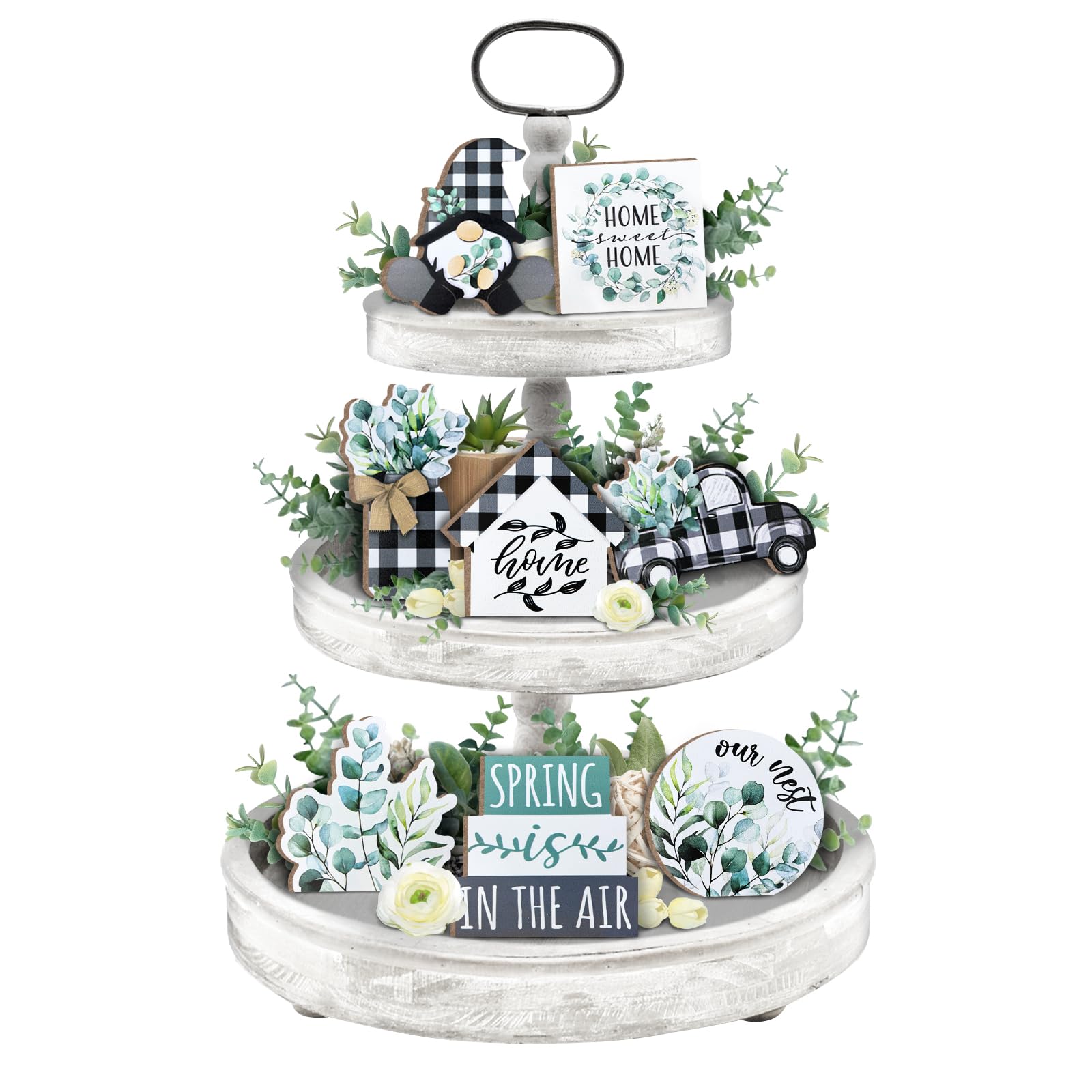 Farmhouse Spring Tiered Tray Decor Set with Eucalyptus Leaves, Gnome Wreath & Buffalo Plaid Mason Jar - Rustic Wooden Signs for Home Table, Shelf, Mantel Decor | Perfect for Easter, Wedding, Baby Shower & Farmhouse Party Decorations