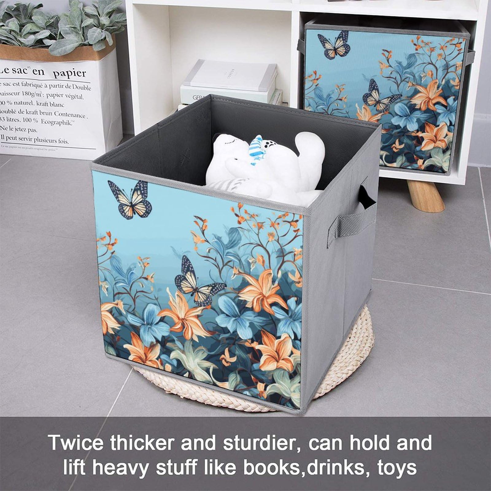 6-Piece Collapsible Storage Bins with Handles - Blue Butterfly Floral Printed Fabric Organizer Boxes for Shelves, Closet, Bathroom & Home Organization - Space Saving Foldable Storage Baskets for Bedroom, Office & Kids Room