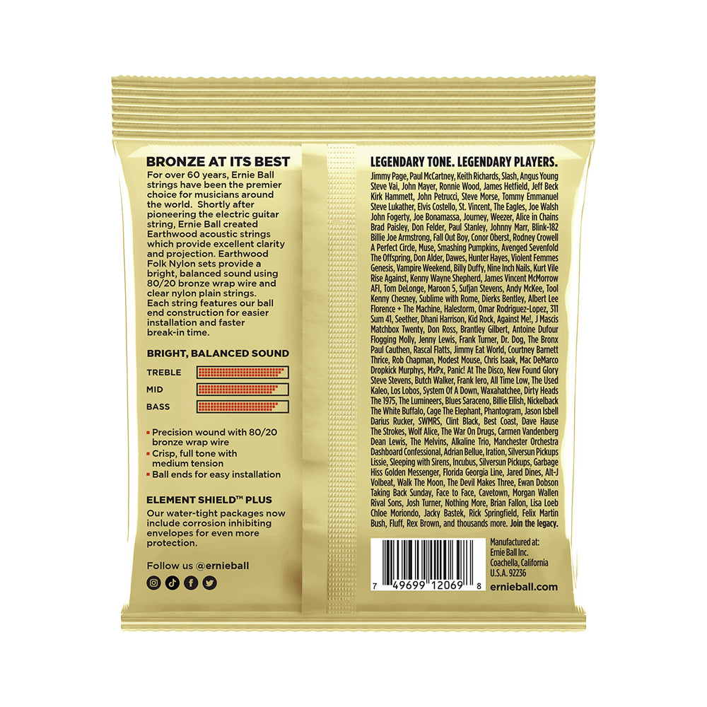 Ernie Ball Earthwood 80/20 Bronze Folk Nylon Classic Ball End Guitar Strings - .028 .042 Gauge - Perfect for Acoustic & Classical Guitars, Ideal for Fingerstyle & Folk Music