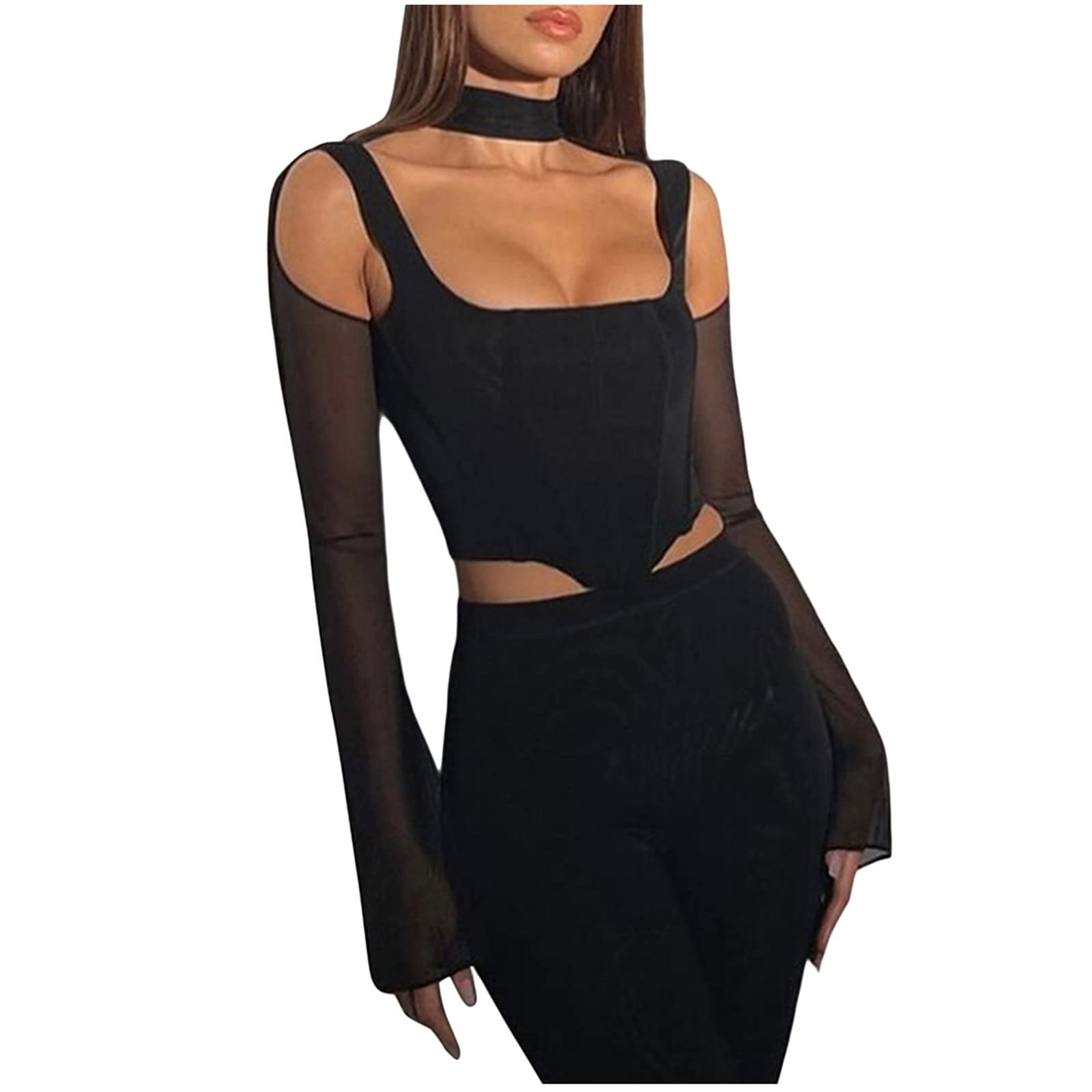 Women's Fashion Tops - Elegant Casual Summer Blouses with Sexy Halter Neck, Solid Mesh & Hollow Patchwork Long Sleeve - Perfect for Office, Party & Date Night Outfits