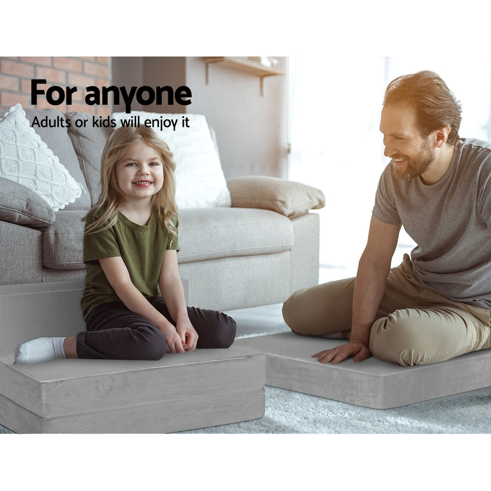 Portable Folding Foam Mattress Sofa Bed - Velvet Light Grey Lounge Chair for Camping, Guest Room & Small Spaces | Comfortable Convertible Sleeper for Adults