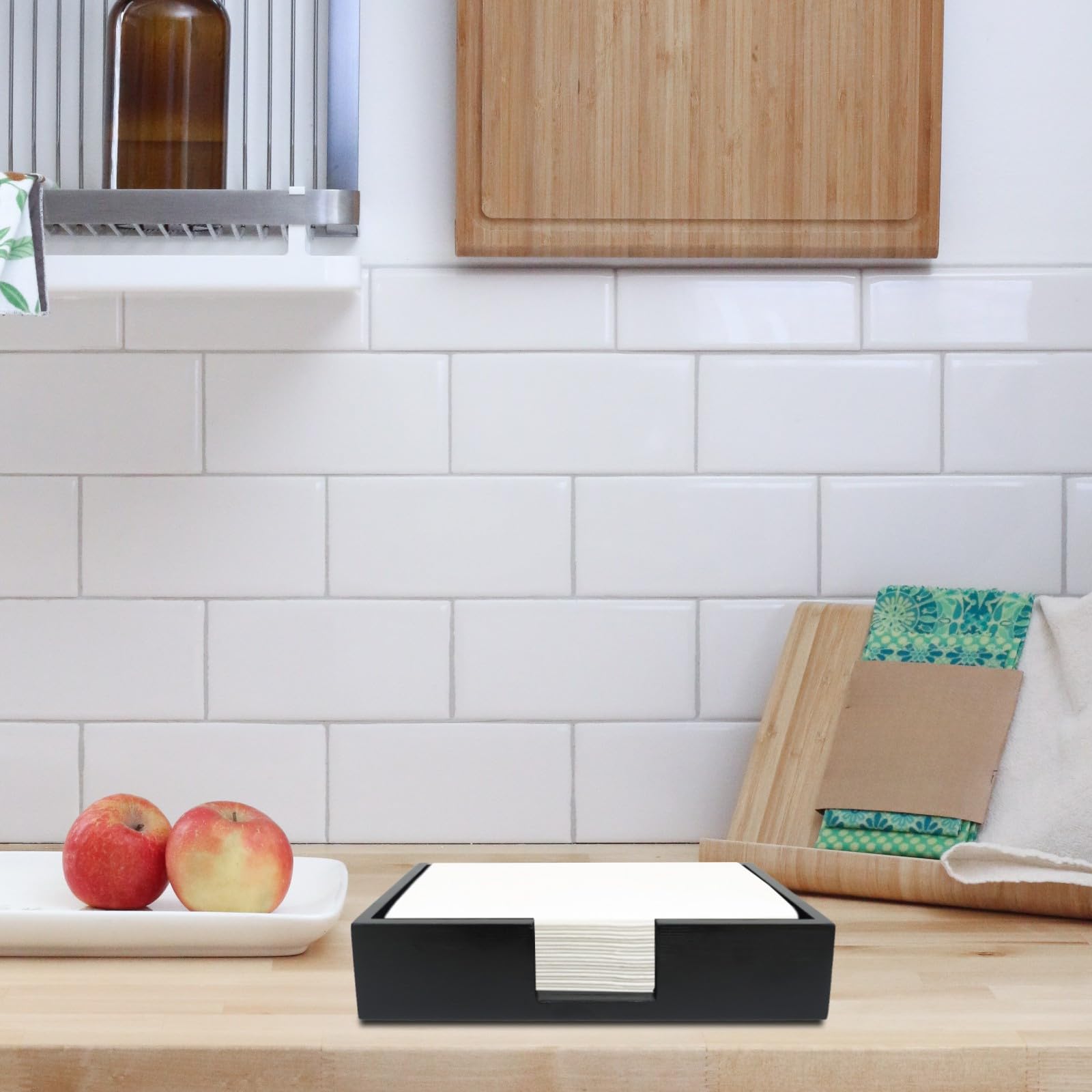 Wooden Paper Towel Holder & Napkin Caddy - Black Rectangular Tray for Disposable Hand Towels, Dinner Napkins - Perfect for Kitchen, Bathroom, Dining Table & Party Buffet Settings