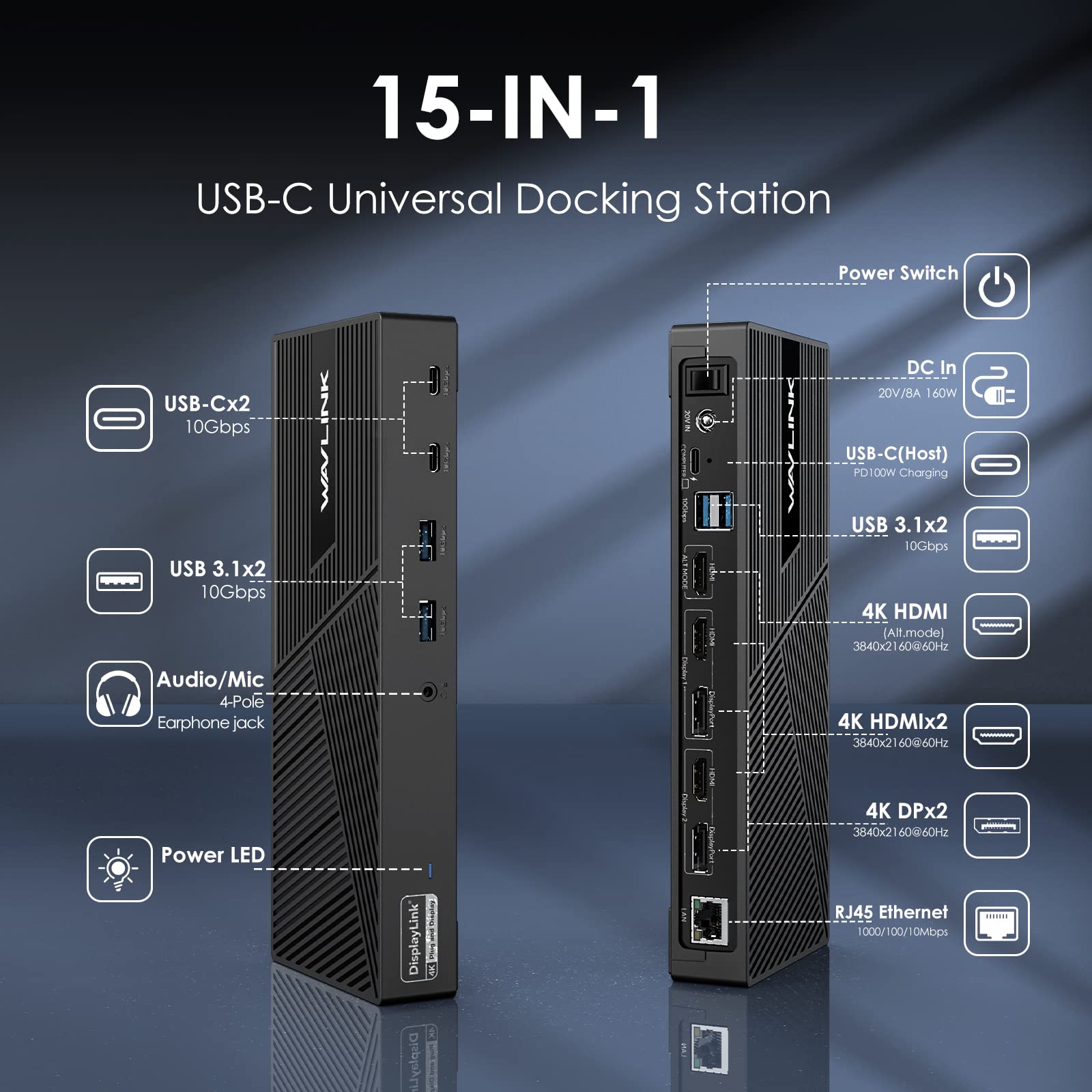 WAVLINK 15-in-1 USB C Triple 4K Display Docking Station with 3x HDMI, 2x DisplayPort, 100W PD Charging & 10Gbps Data Transfer for Windows/Mac - Perfect for Home Office, Gaming & Multi-Monitor Workstations