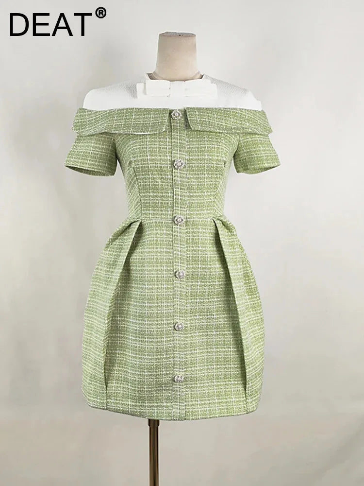 DEAT Women's Patchwork Tweed Dress - Fashion Contrast Color Single Breasted High Waist Elegant Dress for Women | Perfect for Office Wear, Cocktail Parties & Special Occasions