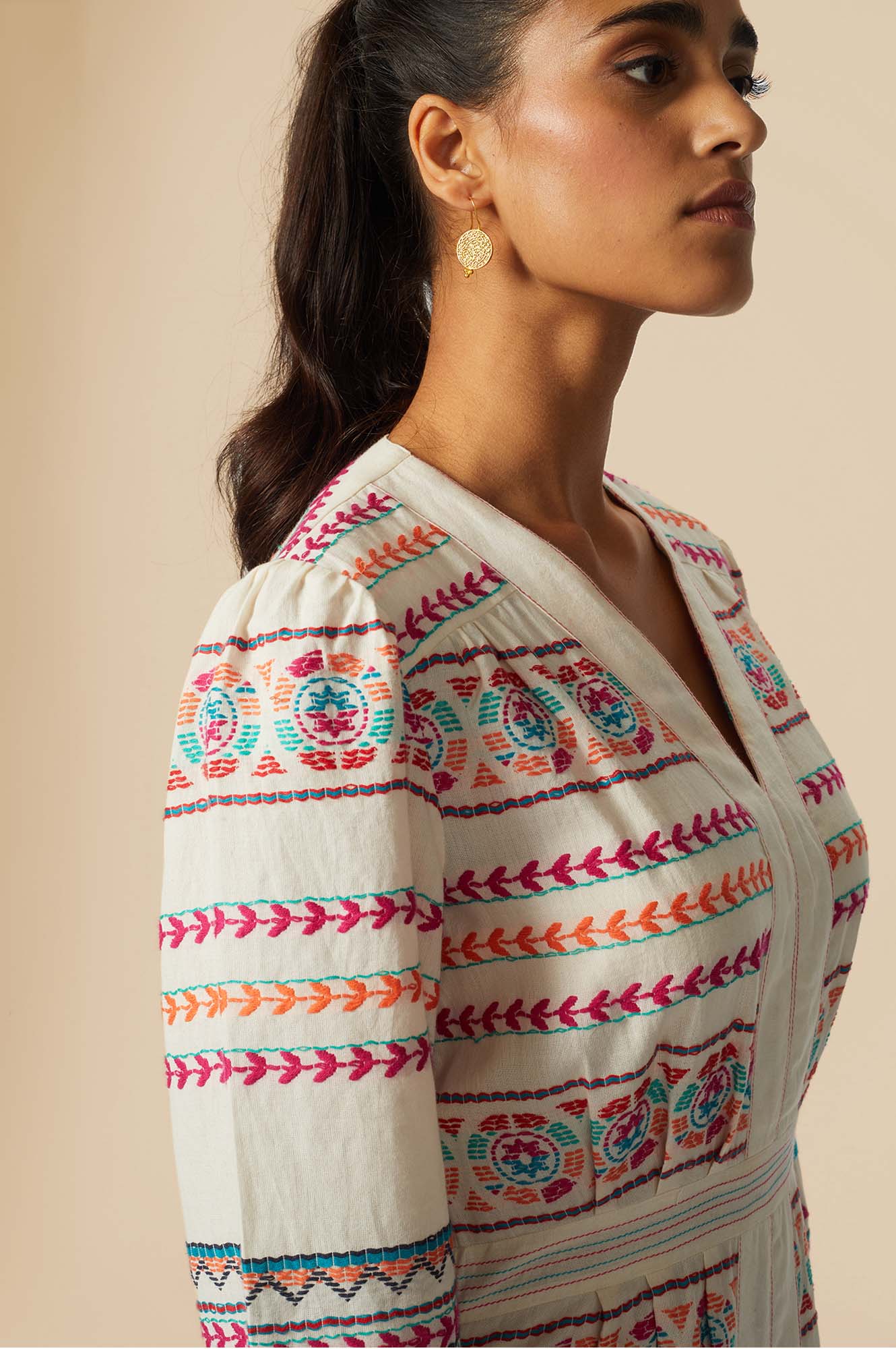 Jamila Jacquard Dress for Women | Elegant Ecru/Multi Color Floral Pattern | Perfect for Weddings, Parties & Special Occasions
