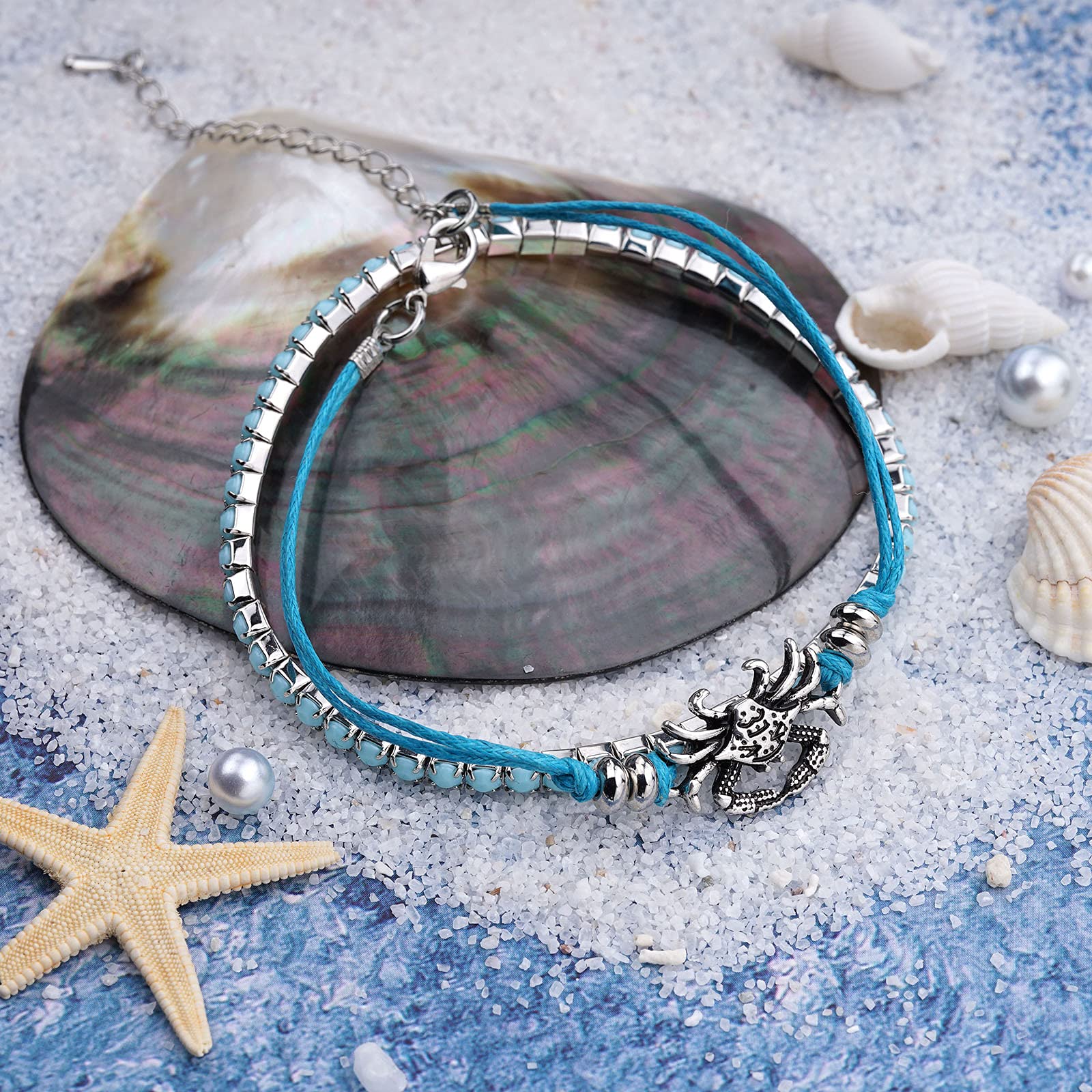 Boho Beach Bracelets for Women - Adjustable Starfish, Turtle & Conch Shell Anklets with Turquoise Beads - Stretchable Foot Jewelry for Summer Vacations, Beach Parties & Tropical Getaways