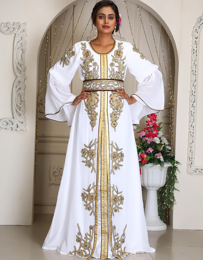 Exquisite White Arabic Georgette Fabric with Moroccan Stone Embroidery - Perfect for Boho Chic Dresses, Scarves & Home Decor