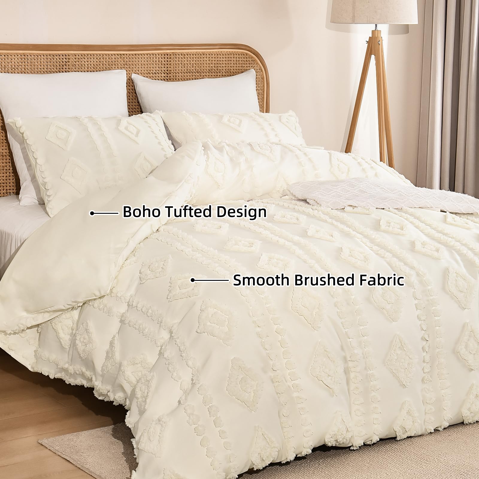 PHF Boho Duvet Cover King Size - Soft Tufted 3-Piece Bedding Set with 2 Pillowcases, Textured Shabby Chic Design for All Seasons, Snow White 104