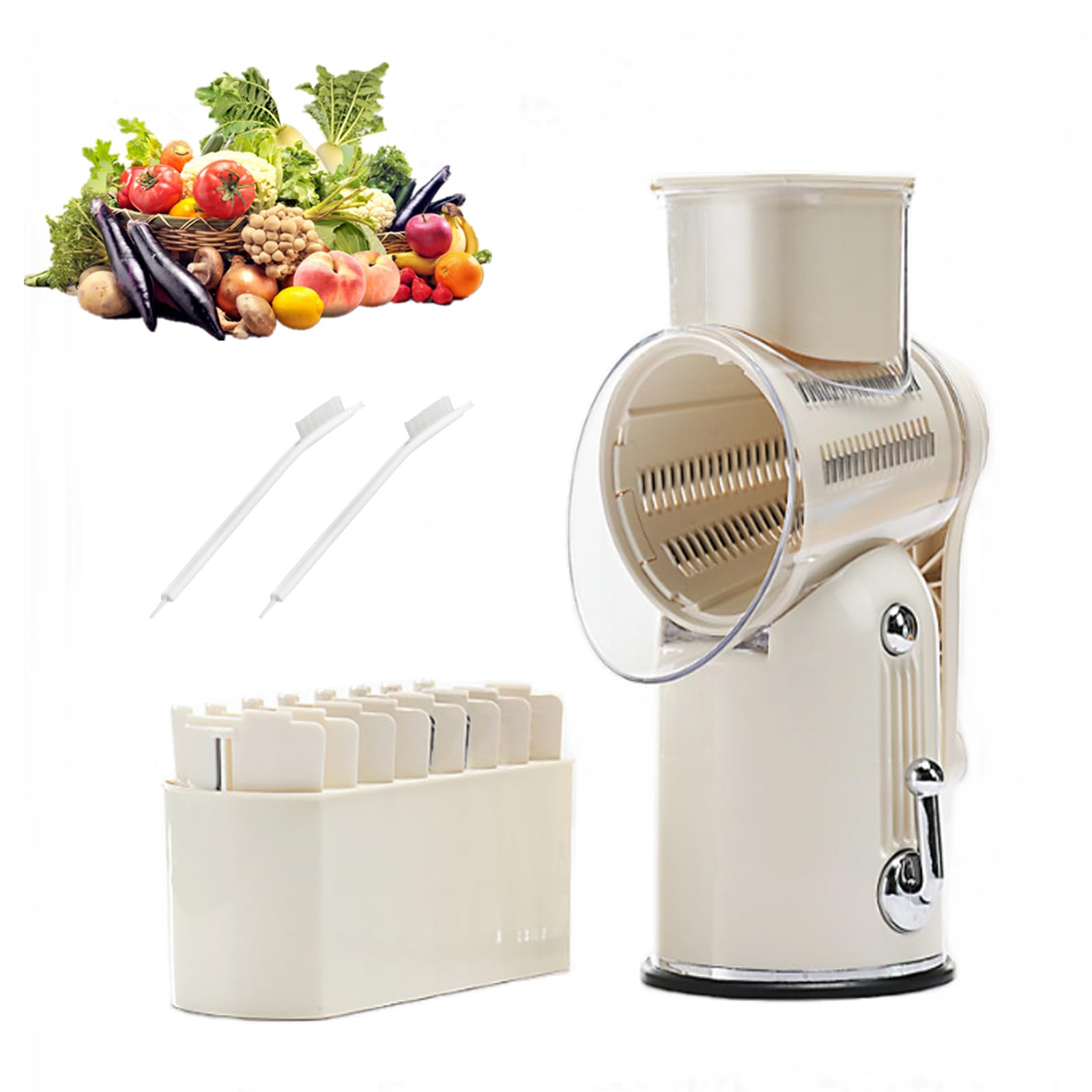 Premium Rotary Cheese Grater & Vegetable Slicer - 5 Interchangeable Blades for Fruits, Cheese & Veggies | Easy-Clean Kitchen Mandoline | Perfect for Salads, Pasta Garnish & Meal Prep (White)