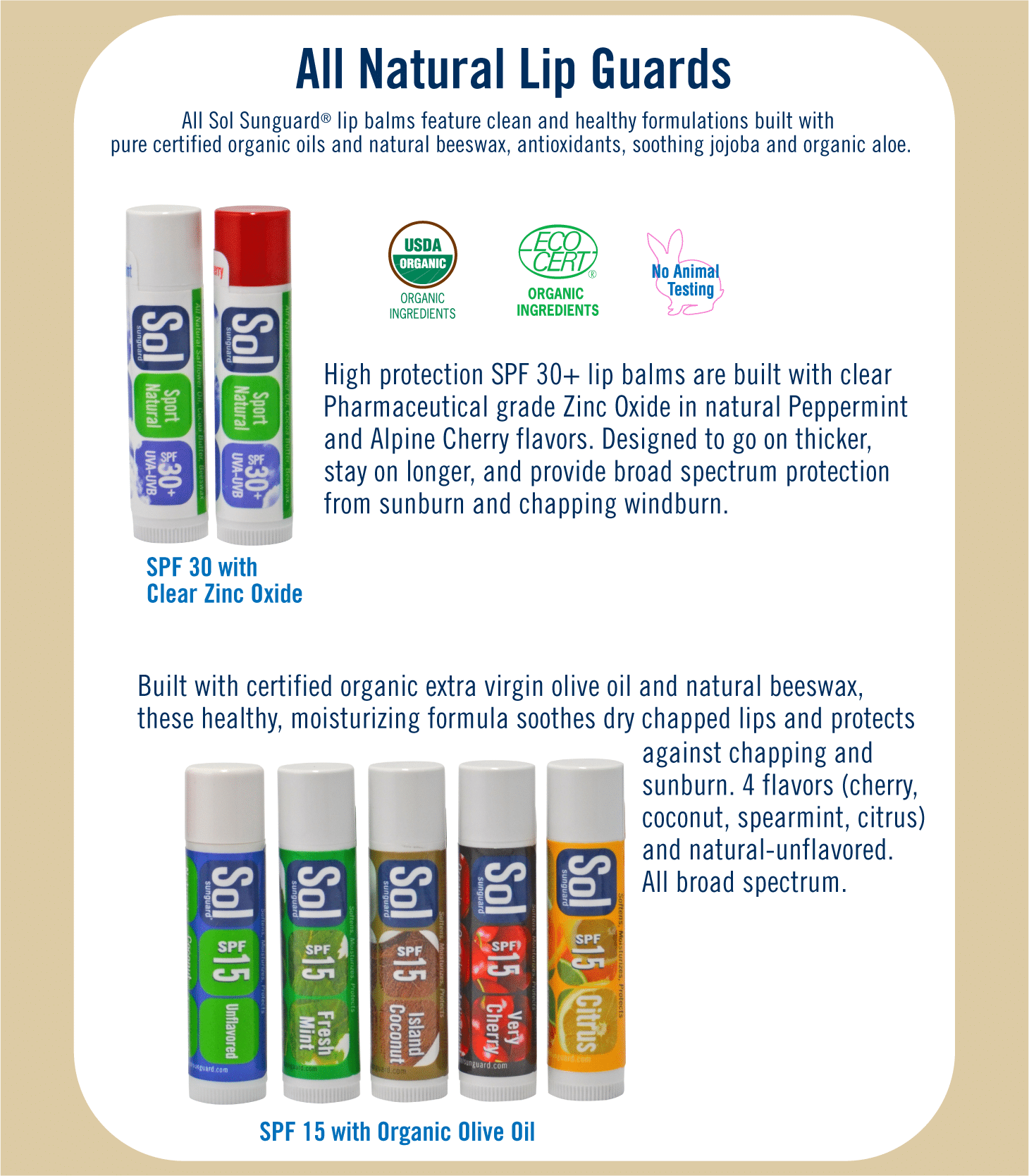 SOL SPF 30 Unflavored Lip Balm - Moisturizing Sun Protection for Dry, Chapped Lips - Perfect for Outdoor Activities, Hiking, and Beach Days