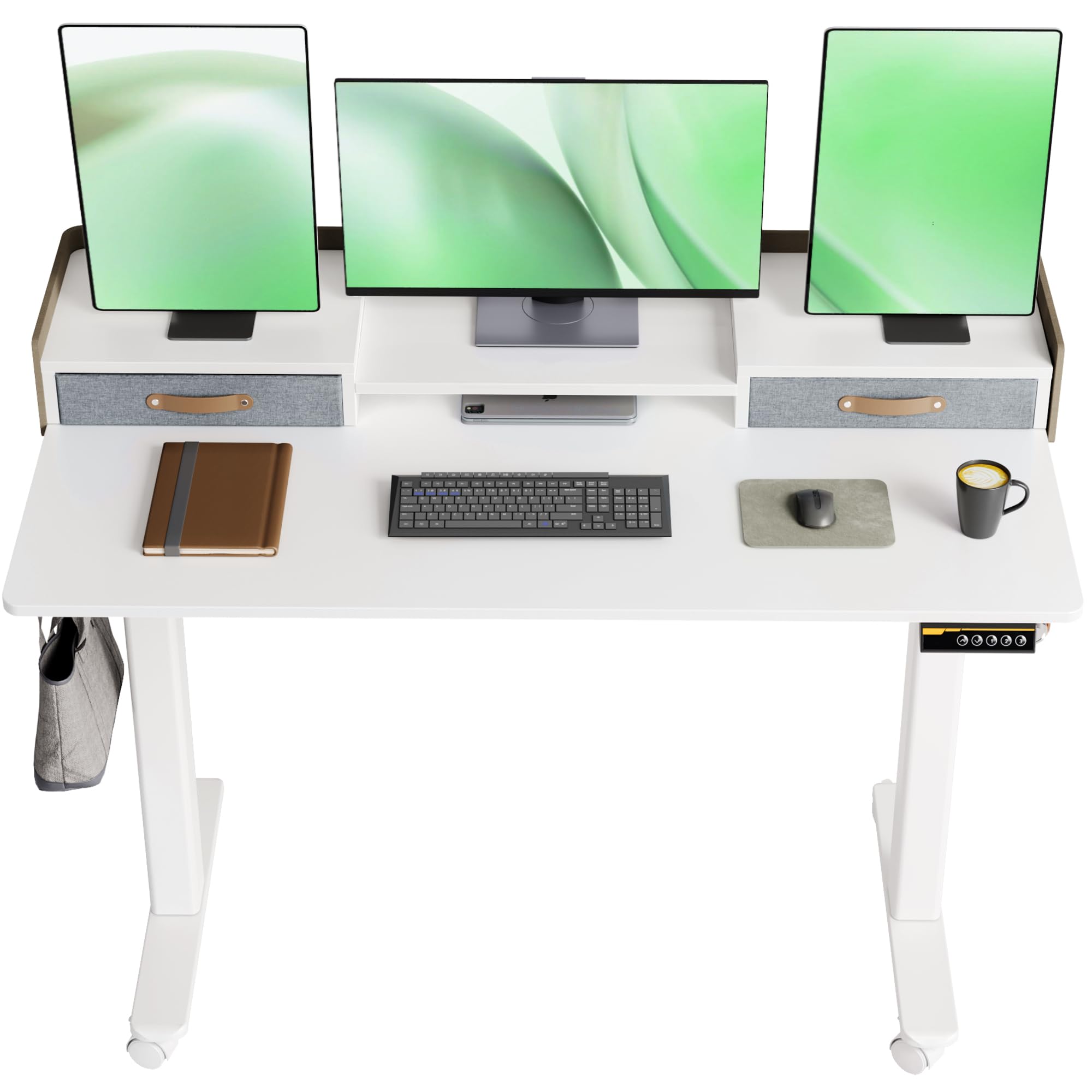 YDN 48 Inch Electric Standing Desk with Drawers and Storage Shelf - Adjustable Height Sit Stand Desk for Home Office, White | Ergonomic Workspace Solution for Small Spaces & Remote Work