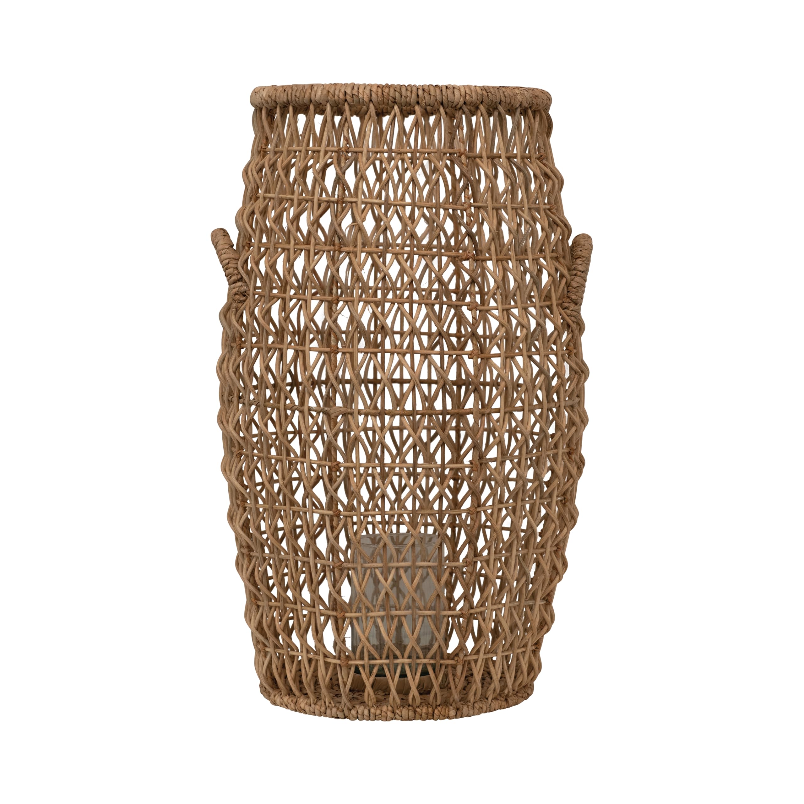 Bloomingville Natural Brown Rattan & Water Hyacinth Lantern with Glass Insert - Perfect for Patio, Garden, and Boho Home Decor