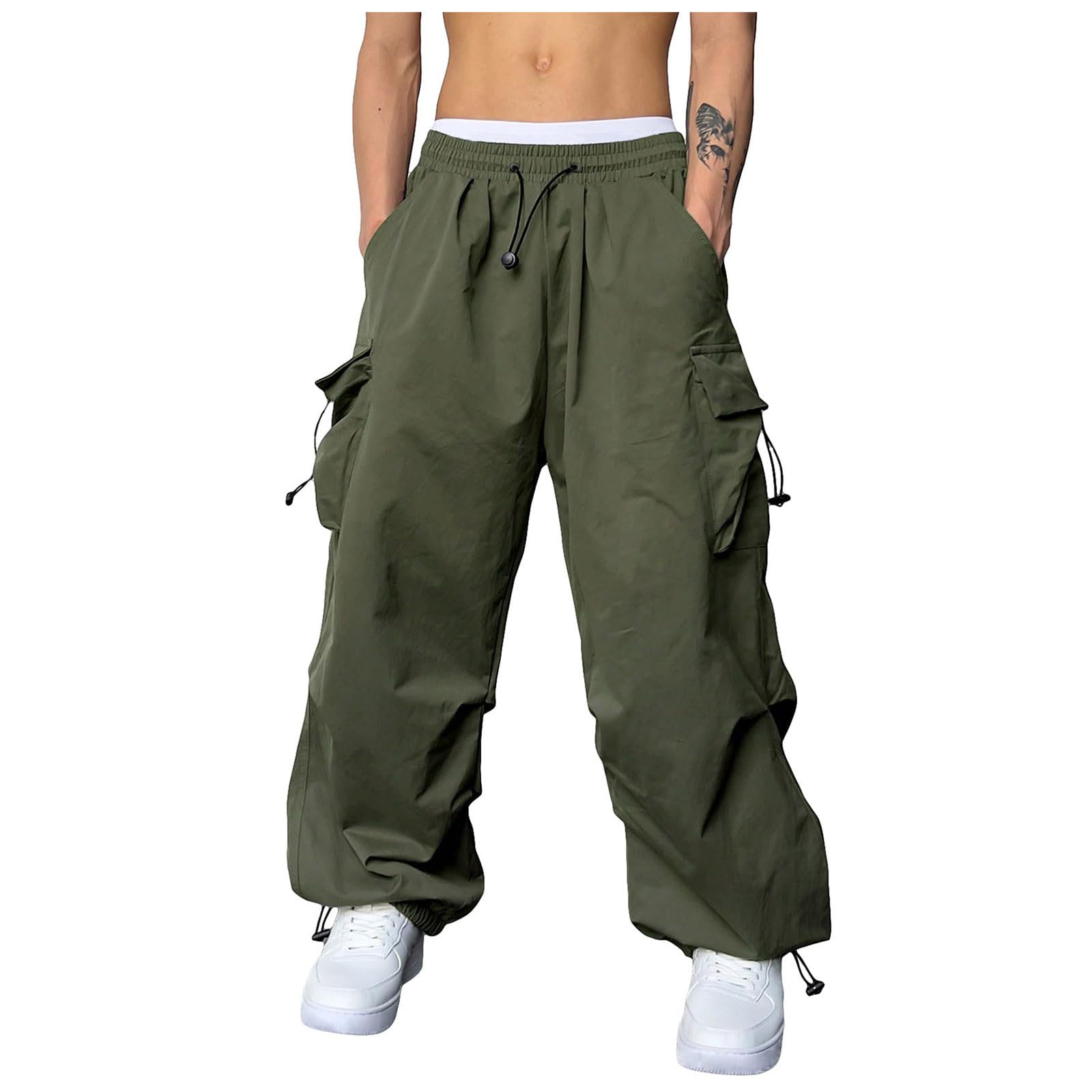 Men's Vintage Y2K Parachute Cargo Pants - Loose Fit Drawstring Casual Sweatpants with Beam Feet | Solid Color Work Trousers for Streetwear, Hip Hop Fashion & Outdoor Activities