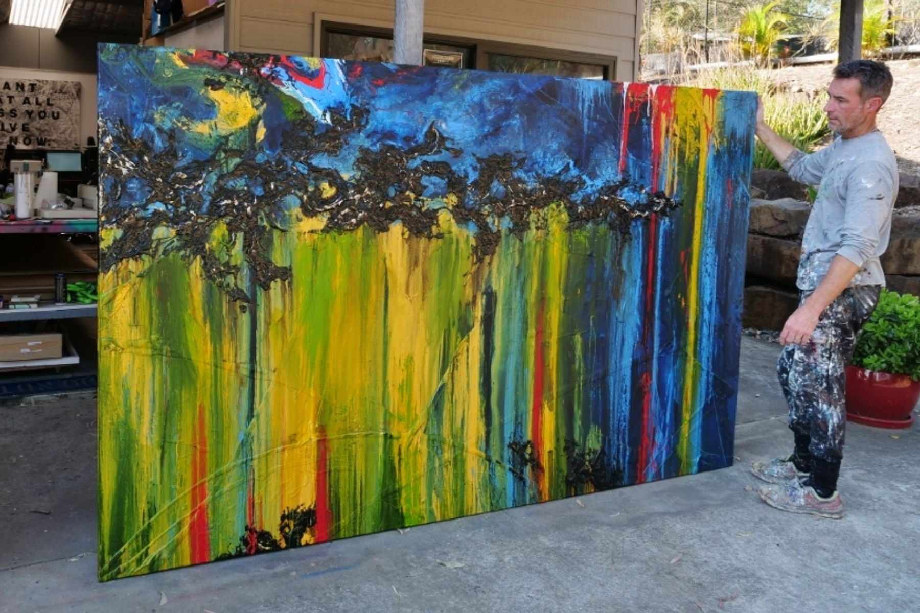 Midnight Falls 280cm x 170cm Blue Yellow Textured Abstract Canvas Art - Modern Wall Decor for Living Room, Bedroom & Office