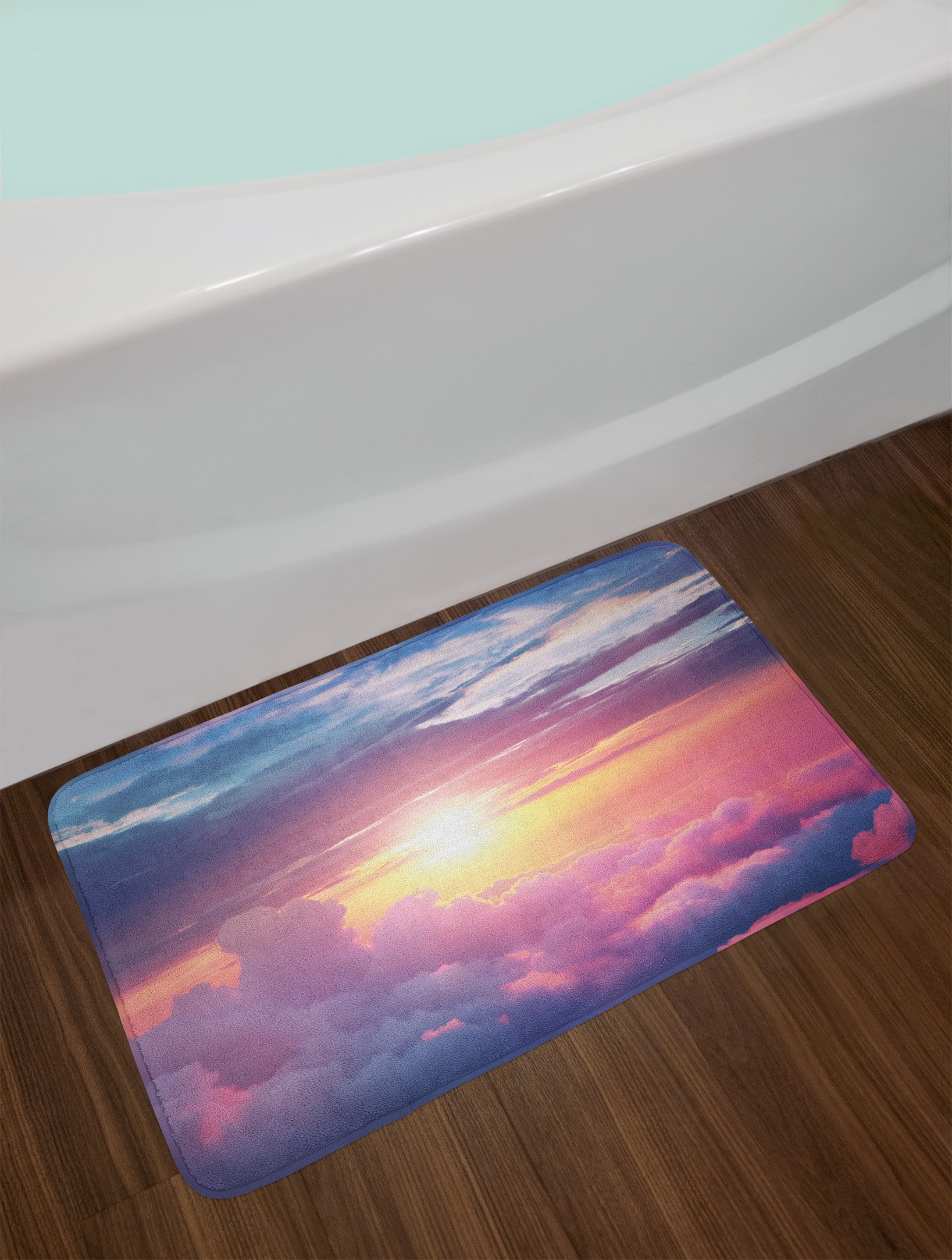 Ambesonne Plush Non-Slip Bath Mat - Surreal Sky with Fluffy Clouds Design, 30.2 x 20 Inches, Pale Pink & Blue - Soft Bathroom Rug for Spa-Like Relaxation, Perfect for Bathrooms, Showers, and Vanity Areas