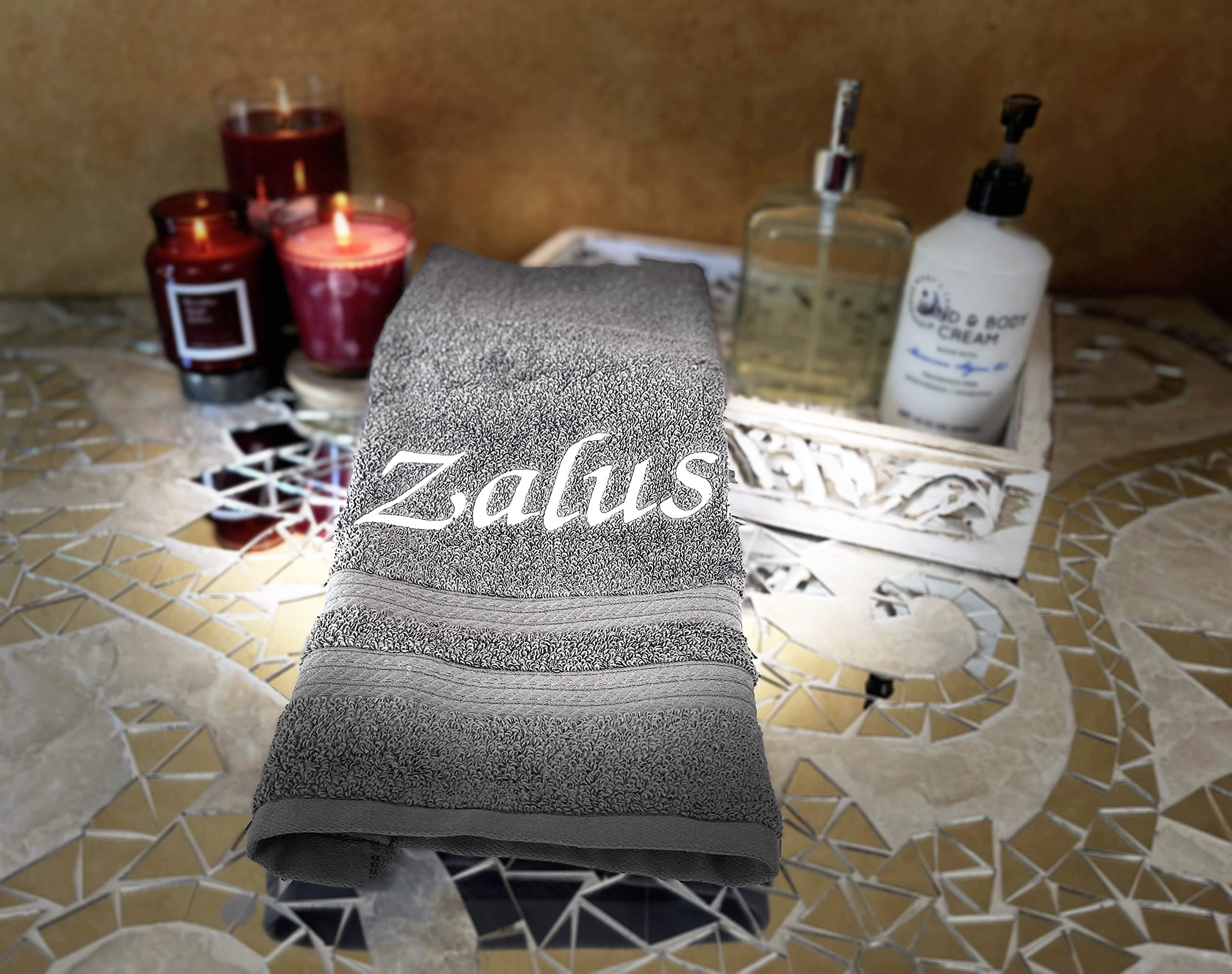 Premium Embroidered Bath & Hand Towel Set - 100% Cotton Luxury Personalized Monogrammed Towels (1 Bath + 1 Hand Towel) - Soft Absorbent Grey Bathroom Towels for Spa, Guest Bath & Luxury Home Decor