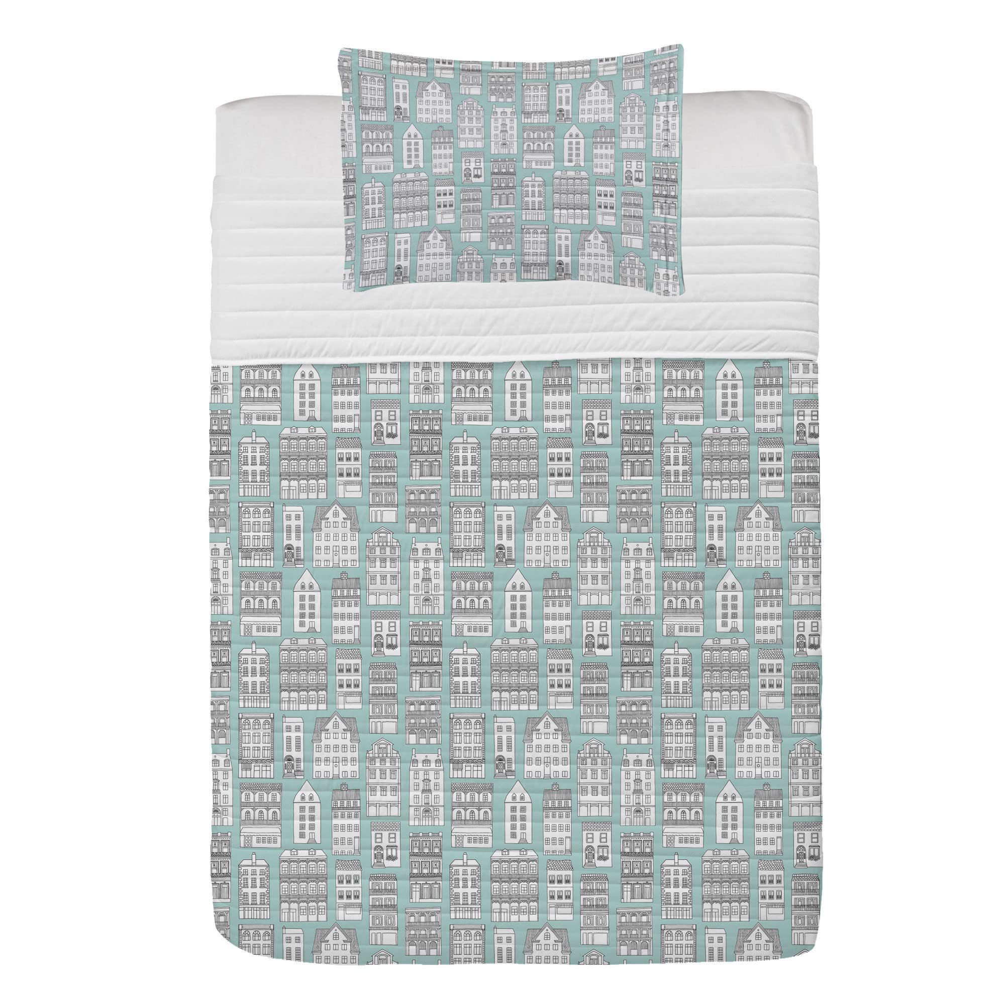 Lunarable City Microfiber Bedspread Set - European Downtown Apartment Buildings Hand-Drawn Travel Doodle Design | Soft Twin Size Bedding Set with Pillow Sham & Comforter in Almond Green, White & Grey | Perfect for Urban Apartment Decor & Cozy Home Styling