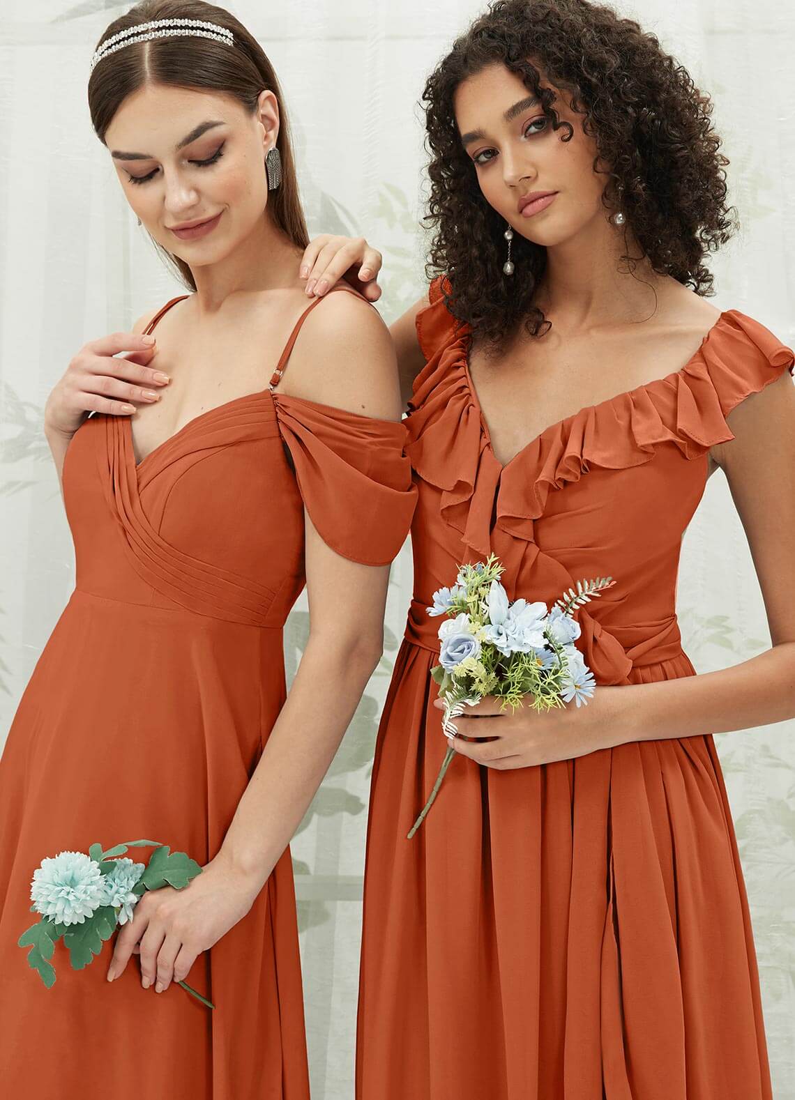 Elegant Burnt Orange Chiffon Bridesmaid Dress with Ruffle Detail & Cross Straps - Perfect for Weddings, Formal Events & Special Occasions