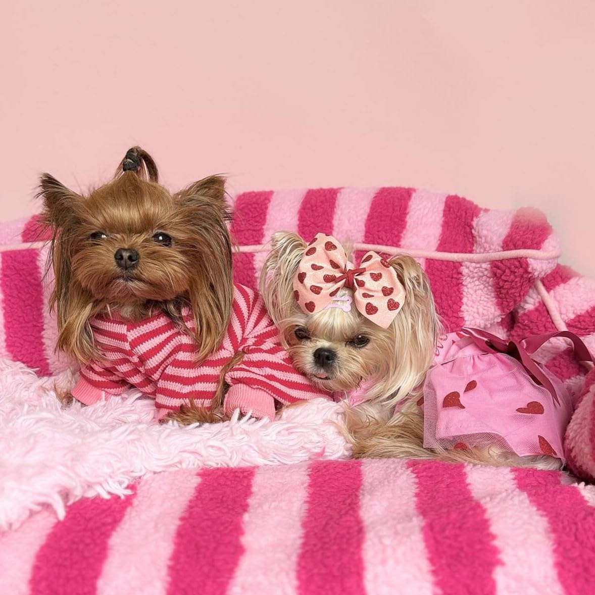 Fitwarm Pink & Red Striped Dog Pajamas - Waffle Knit Pet Onesie with Feet for Small Dogs & Cats (XS) - Cozy Winter Sleepwear for Puppies & Kittens