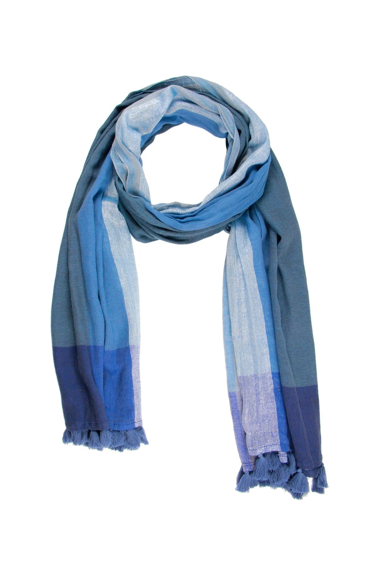 Elegant Tasseled Blue Scarf with Subtle Shimmer - Perfect for Winter Fashion, Office Wear & Evening Outfits