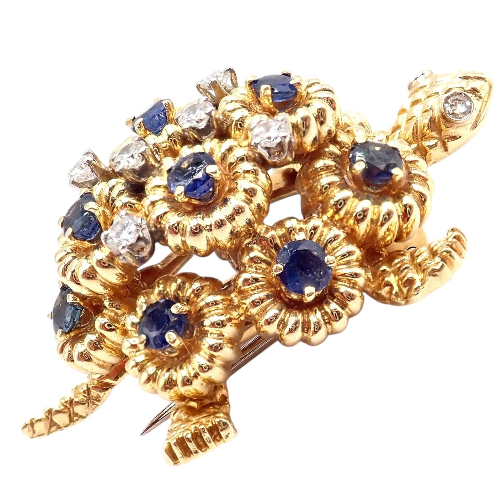 Authentic Tiffany & Co. 18k Yellow Gold Turtle Diamond Sapphire Brooch Pin - Vintage Luxury Jewelry Gift for Women, Perfect for Weddings & Special Occasions