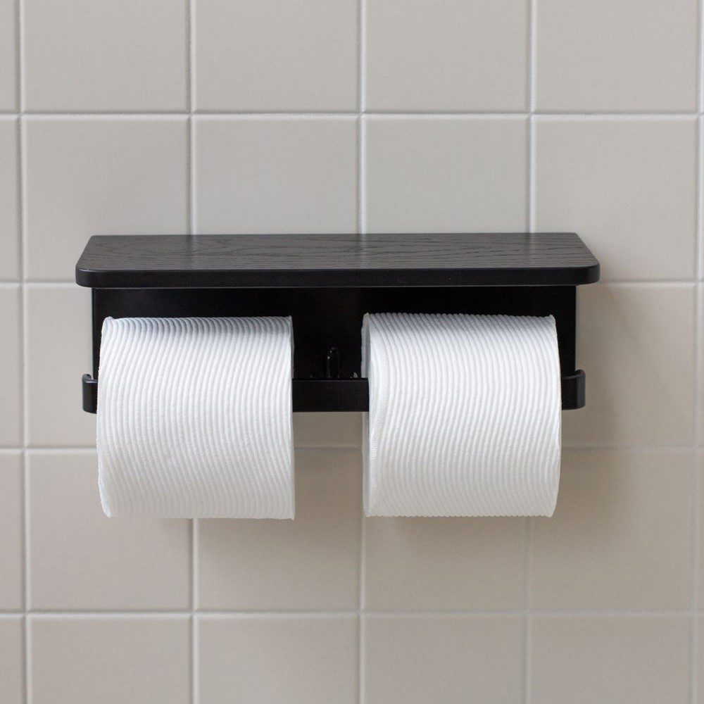 DESIGNSTUFF Dual Toilet Paper Holder with Shelf - Black Bathroom Organizer for Modern Homes | Space-Saving Storage Solution