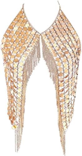 Boho Sequins Body Chain Gold Tassel Bikini Chain - Sexy Glitter Necklace Body Jewelry for Beach, Rave, Nightclub & Festival - Perfect for Summer Parties, Music Festivals & Swimwear Accessories