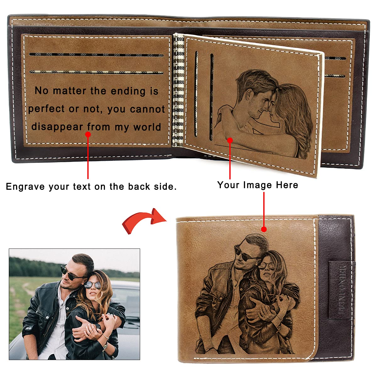 Custom Engraved Men's Leather Wallet - Personalized Photo & Text Gift for Dad - Perfect for Father's Day, Anniversary & Birthday Presents | Durable RFID Blocking Wallet for Everyday Use & Travel