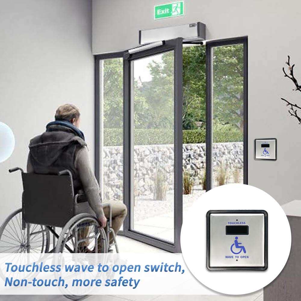 Olideauto Handicap Door Sensor Open Switch - Wired Contactless Door Opener with Wave Sensor & 2PCS 4.5'' Stainless Steel Panels for ADA Compliant Automatic Doors | Ideal for Wheelchair Access, Commercial Buildings, and Public Facilities
