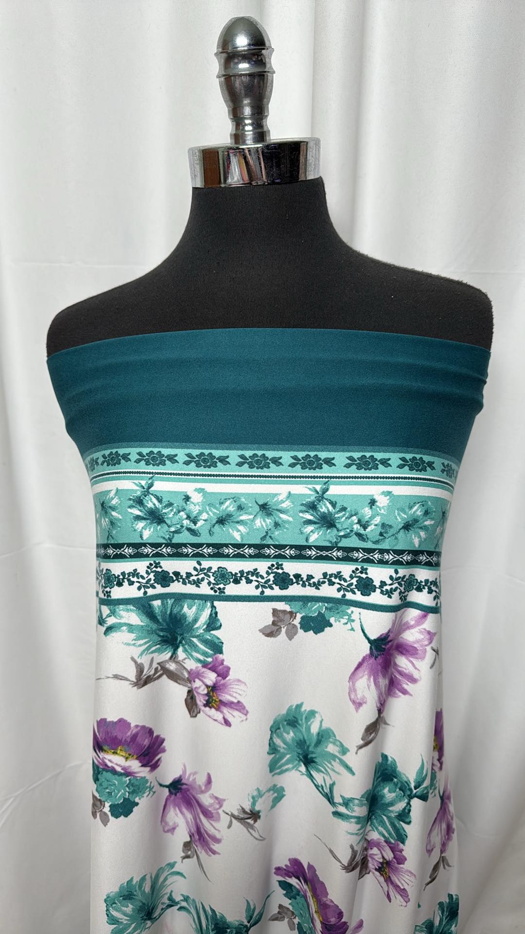 Teal and Purple Double Border Floral Print Double Brushed Poly Spandex Fabric - 2 Yard Cut for DIY Dresses, Skirts, and Activewear