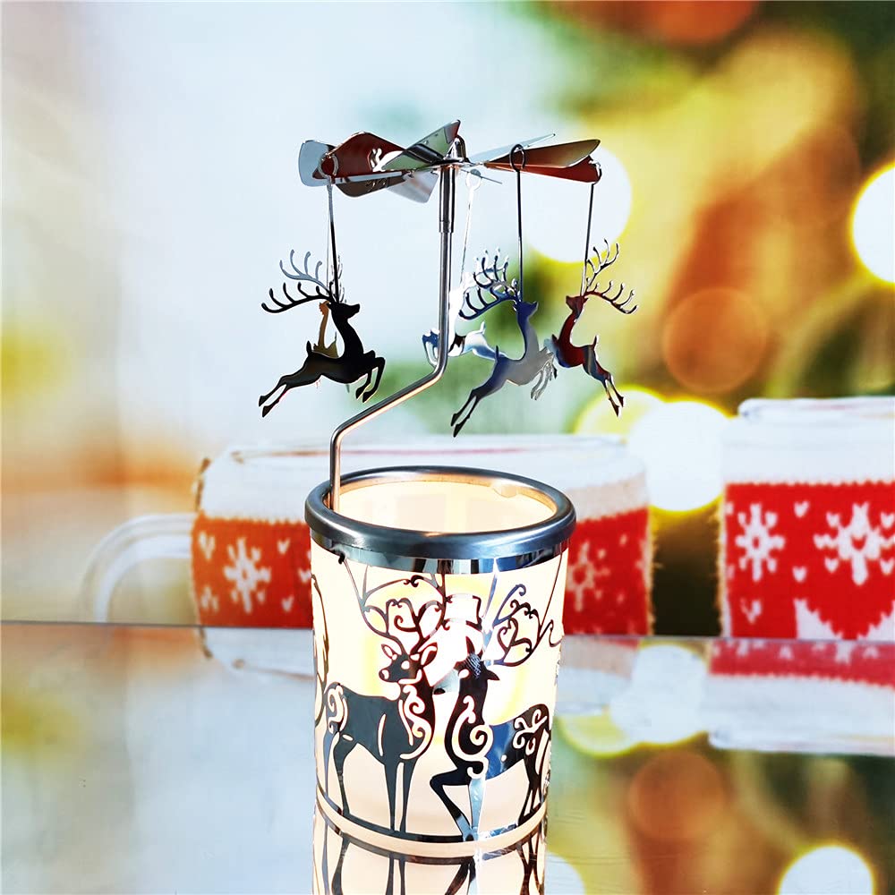 Rotating Carousel Candle Holder - Spinning Metal Tea Light Candlestick for Home Decor (Silver Reindeer Design) | Perfect for Christmas Decorations, Wedding Centerpieces & Cozy Ambiance