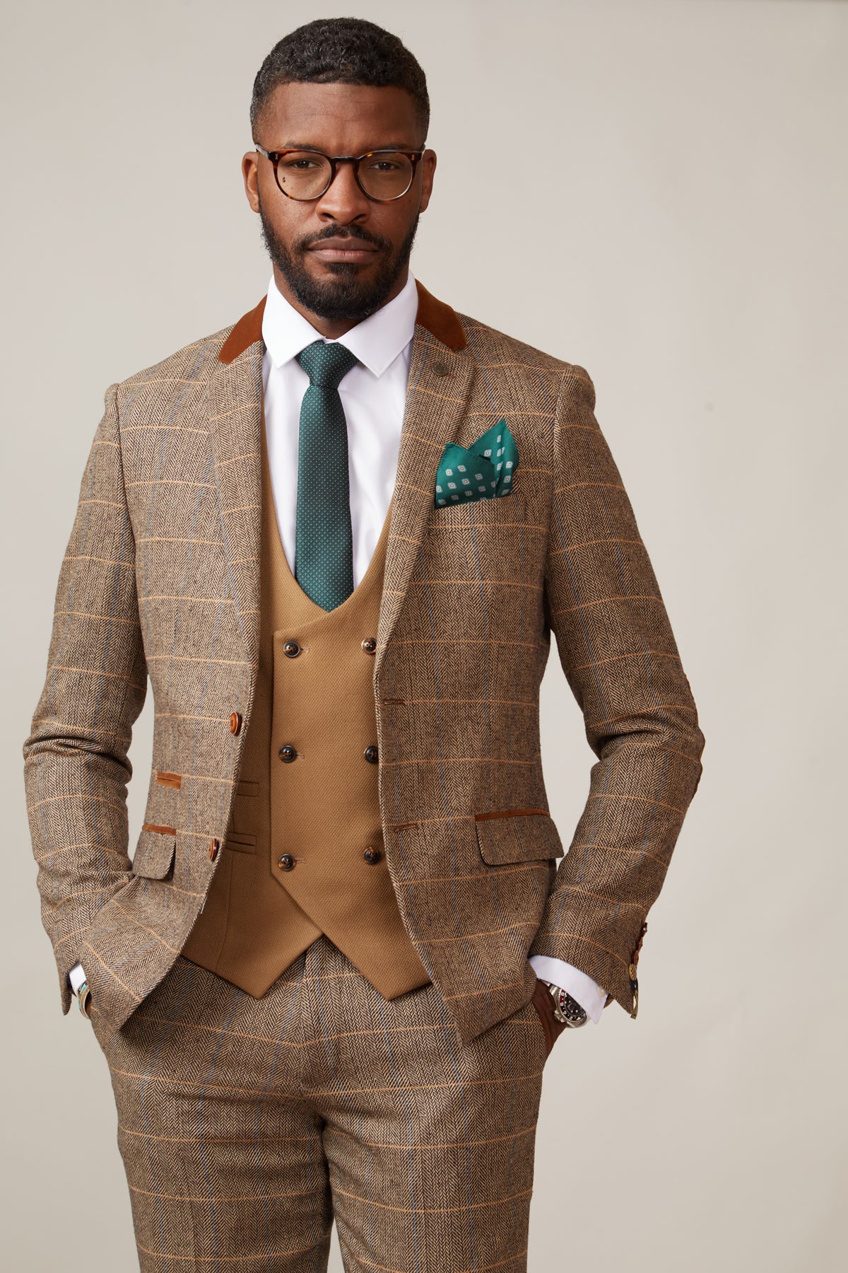 DX7 Tan Tweed Check Suit with Kelvin Oak Waistcoat - Premium Men's Formal Wear for Weddings, Business Meetings & Special Occasions