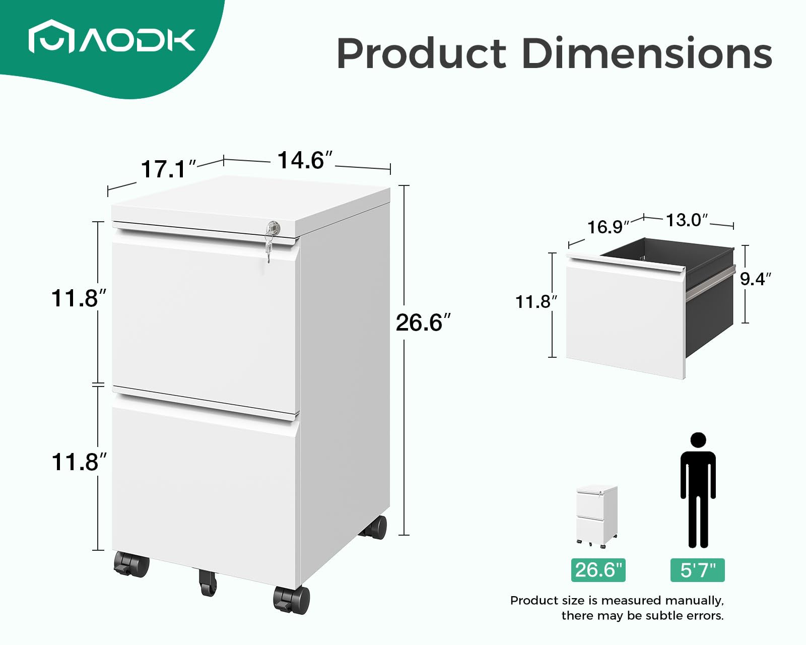 AODK 2-Drawer Rolling File Cabinet with Lock - Fully Assembled Mobile Storage for A4, Legal & Letter Files - White - Perfect for Home Office, Small Business & Workspace Organization