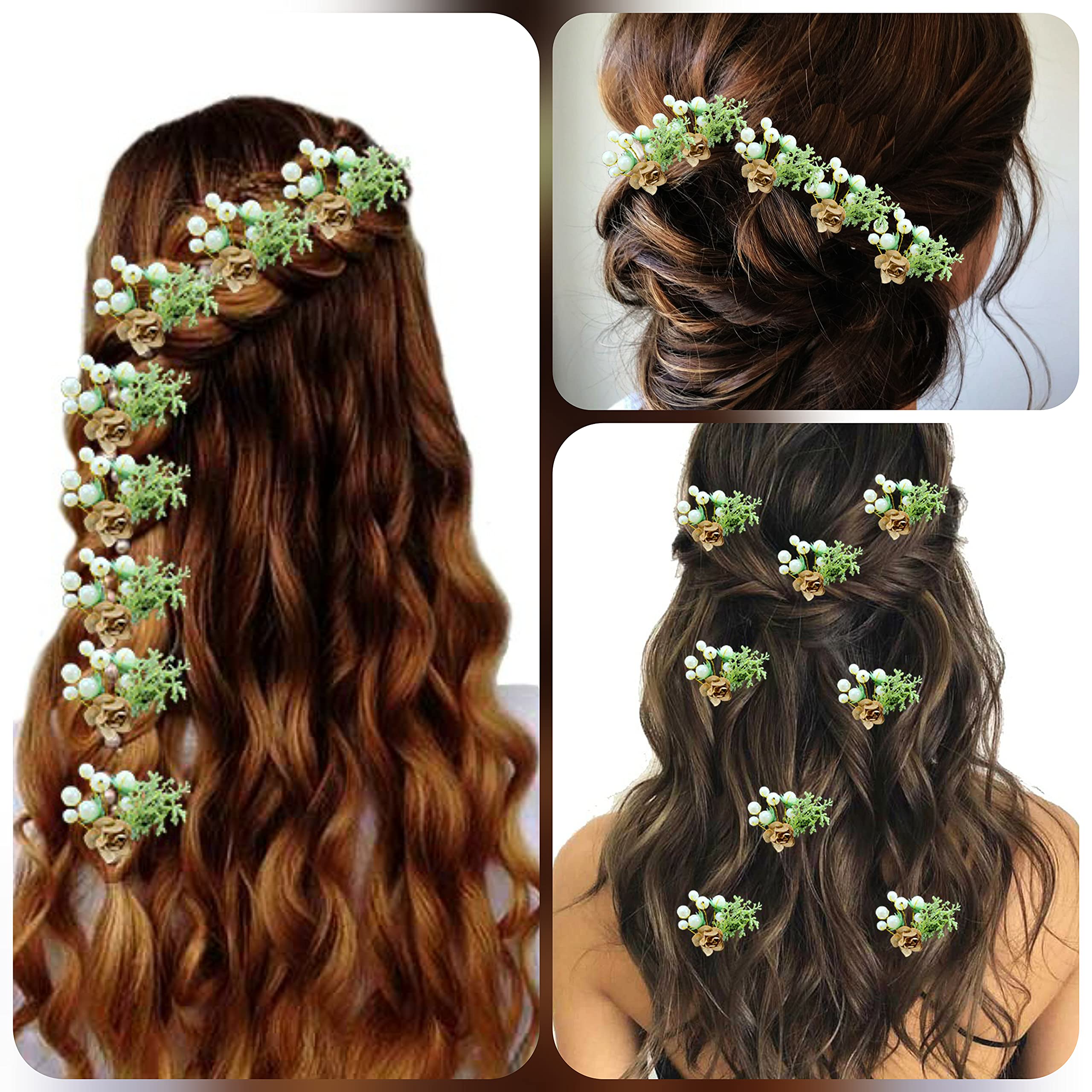8 Pack Golden Artificial Rose Flower Hair Pins with Mogra - Bridal Wedding Hair Accessories for Women & Girls - Perfect for Weddings, Parties & Special Occasions