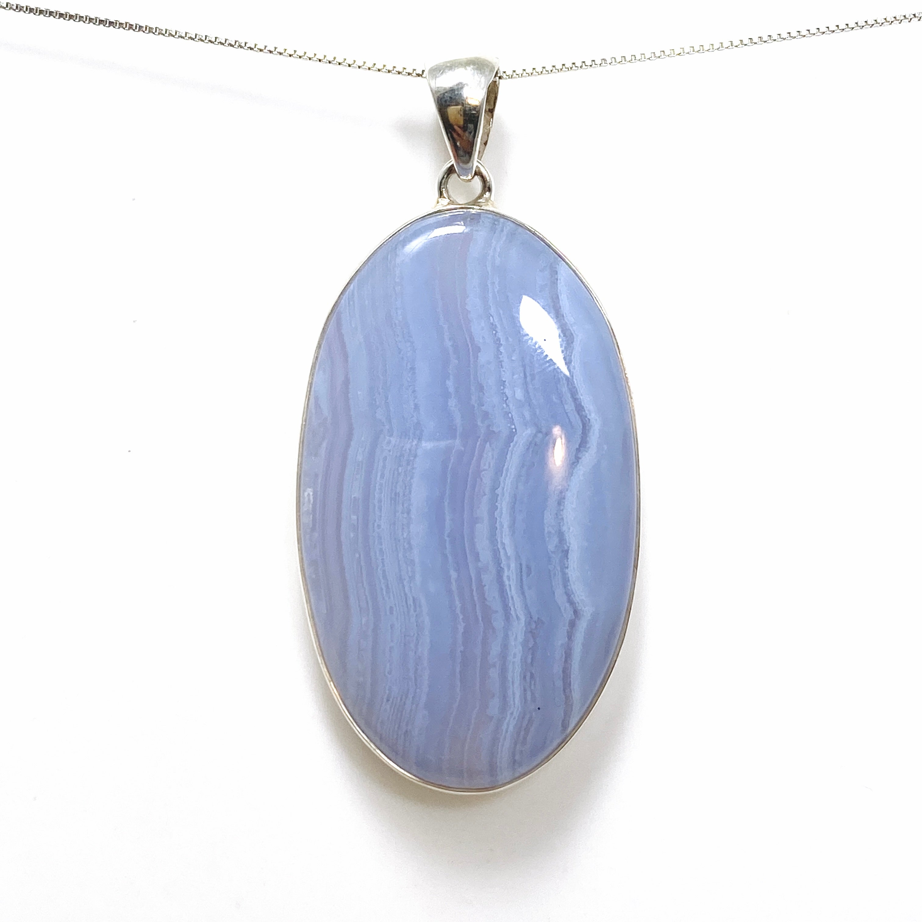 Blue Lace Agate Oval Cabochon Pendant KPGJ4825 - Natural Stone Jewelry for Women, Healing Crystal Necklace - Perfect for Meditation, Yoga & Spiritual Gifts