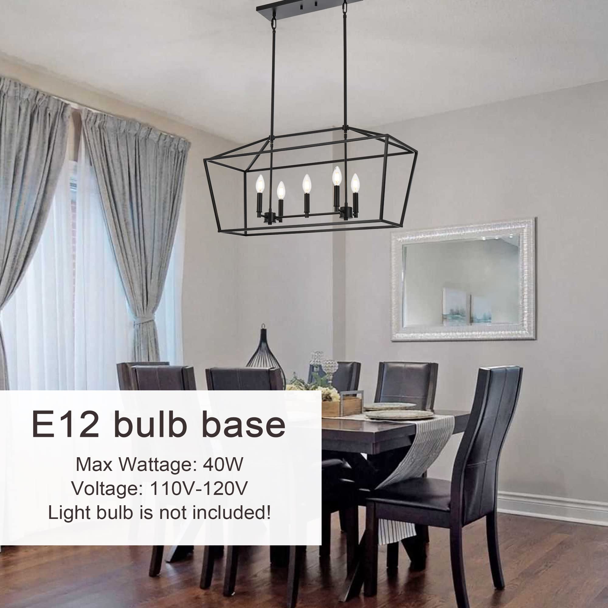 Melucee 5-Light Linear Kitchen Island Chandelier - Traditional Farmhouse Style Matte Black Pendant Lighting with E12 Base | Perfect for Dining Room, Foyer & Restaurant Decor