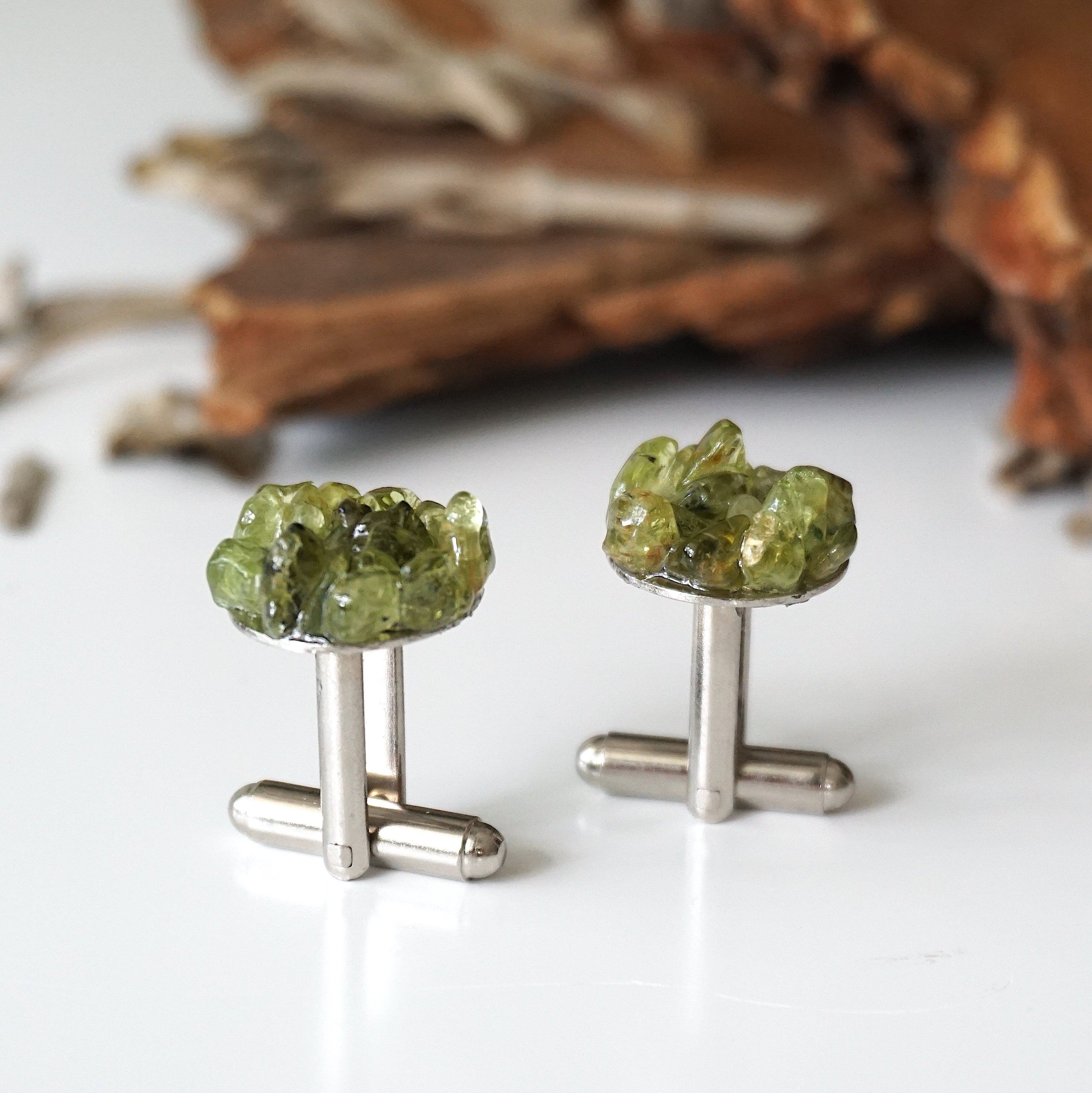 Peridot Cufflinks for Men - White Gold Plated Brass Dress Accessories - Perfect for Weddings, Business Meetings & Formal Occasions