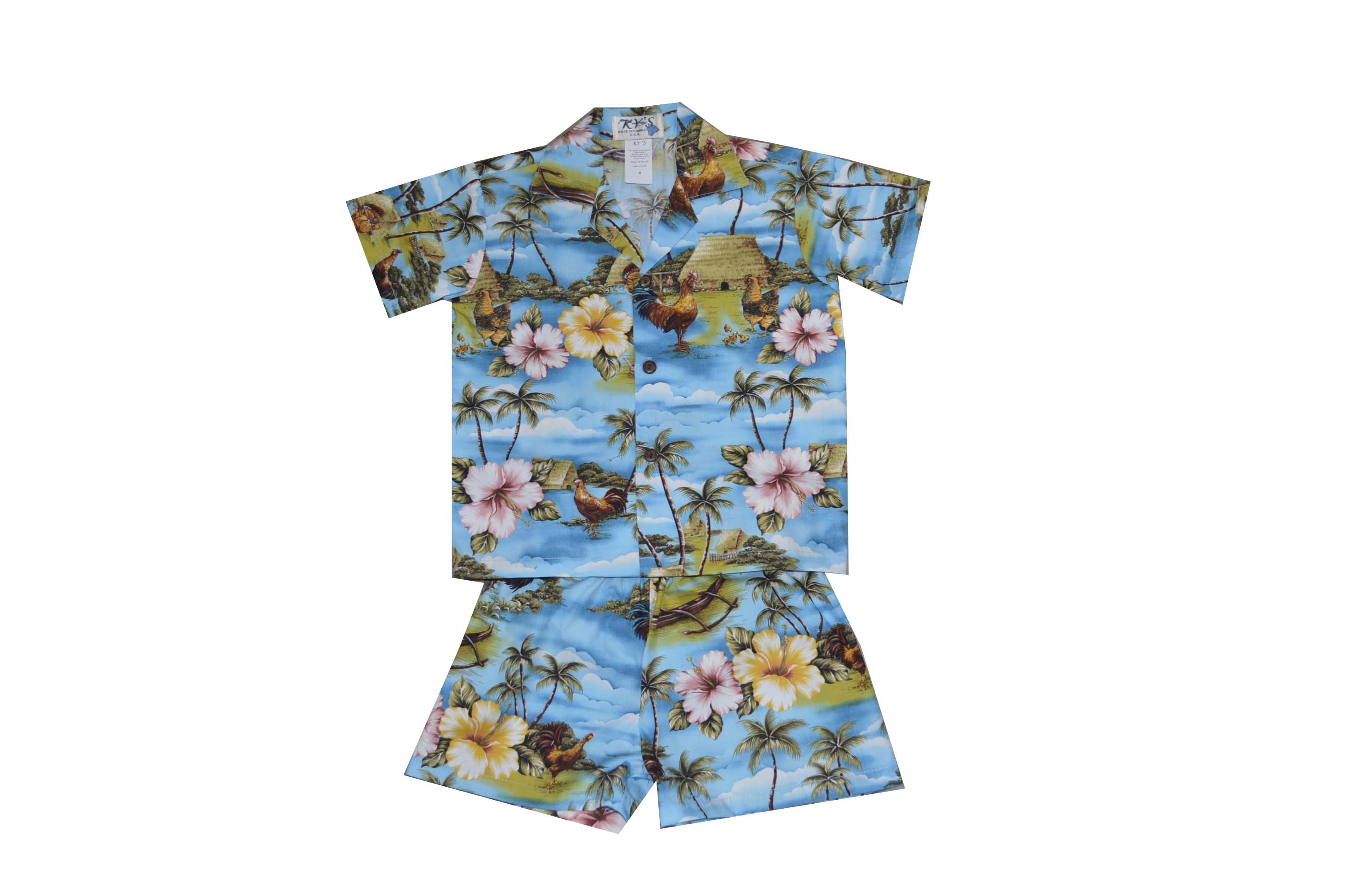 Hawaiian Island Rooster Boys Shirt & Outfit Set - Tropical Summer Vacation & Beach Party Outfits for Kids